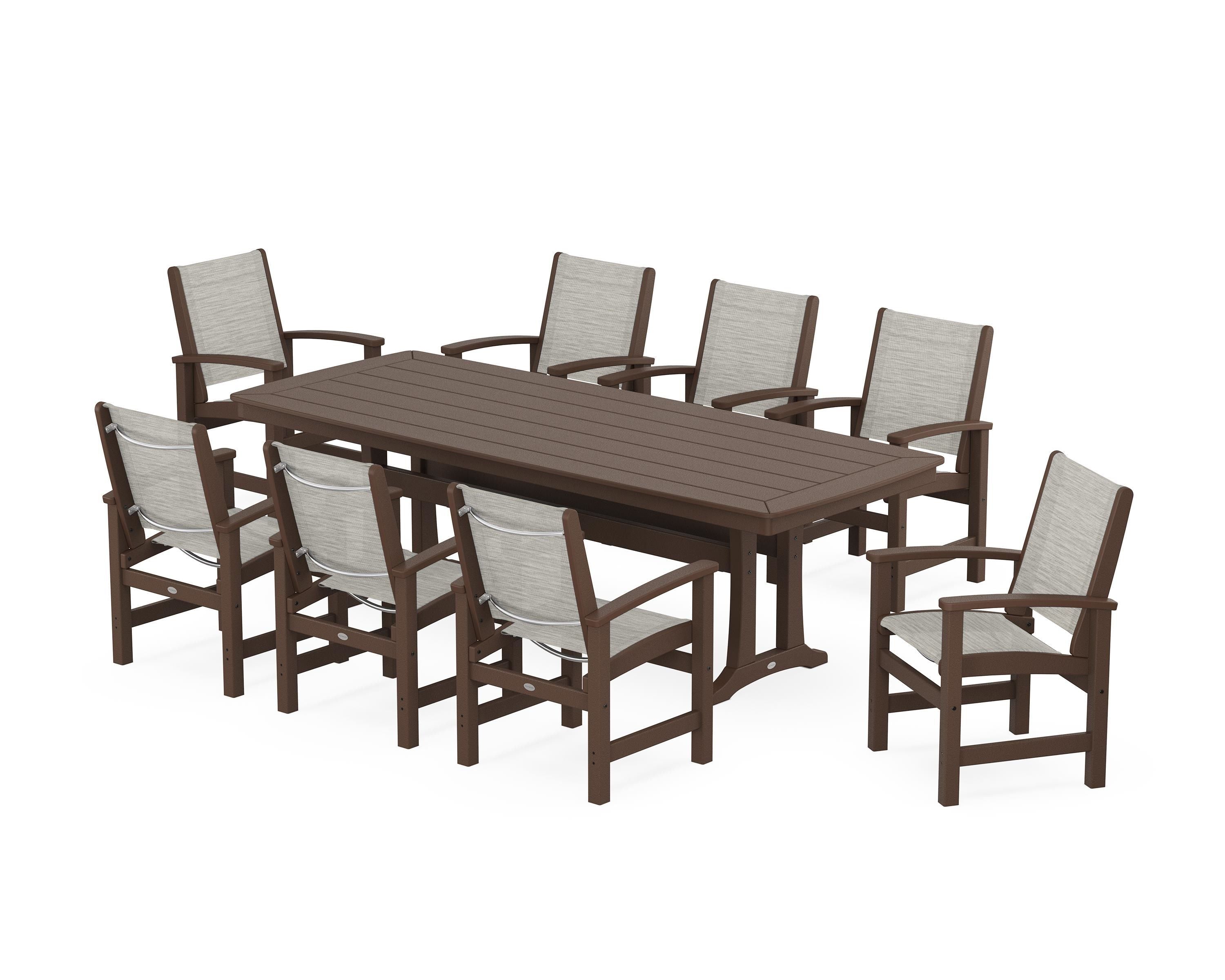 POLYWOOD Coastal 9-Piece Dining Set with Trestle Legs in Mahogany / Birch Sling