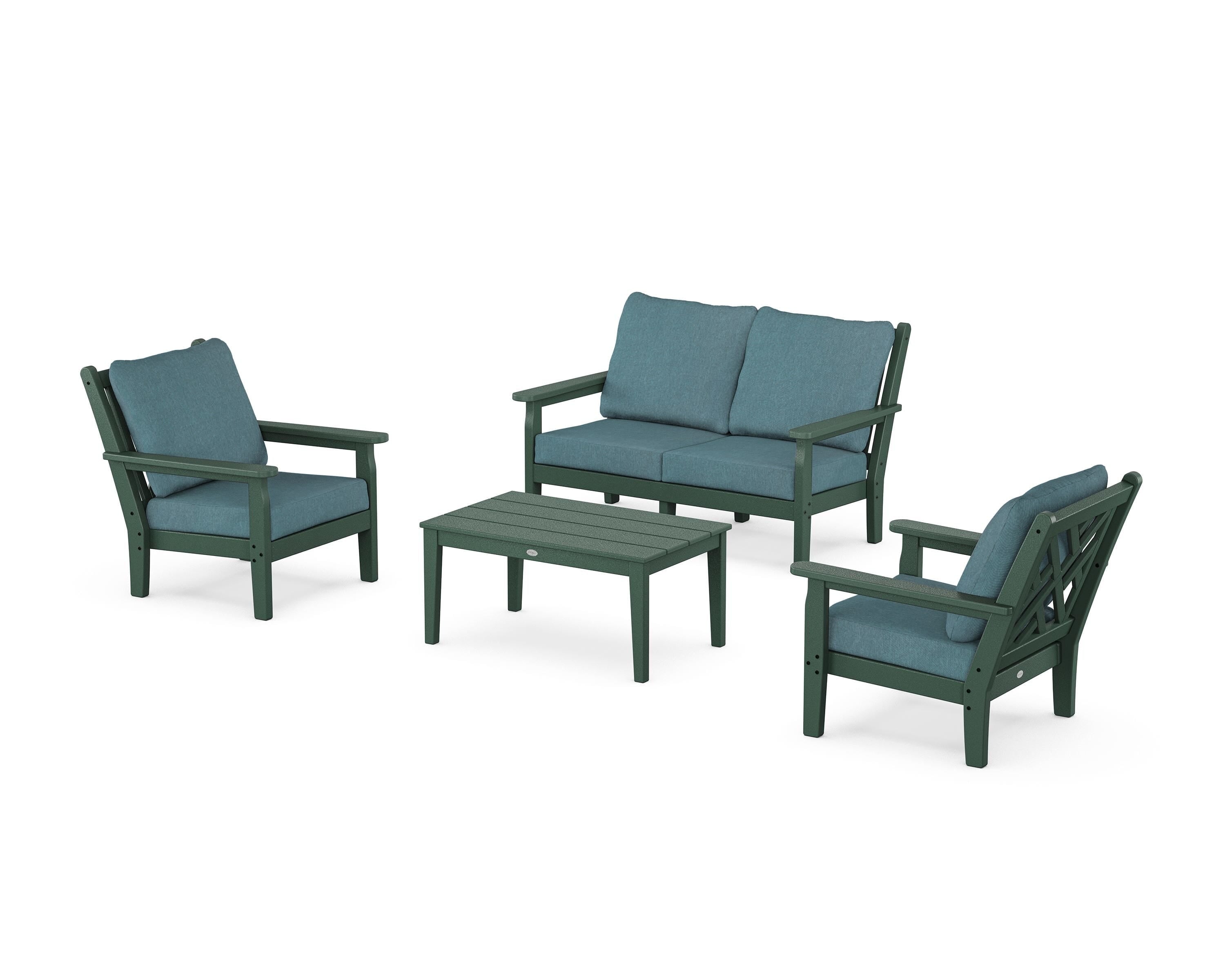 POLYWOOD Chippendale 4-Piece Deep Seating Set with Loveseat in Green / Ocean Teal