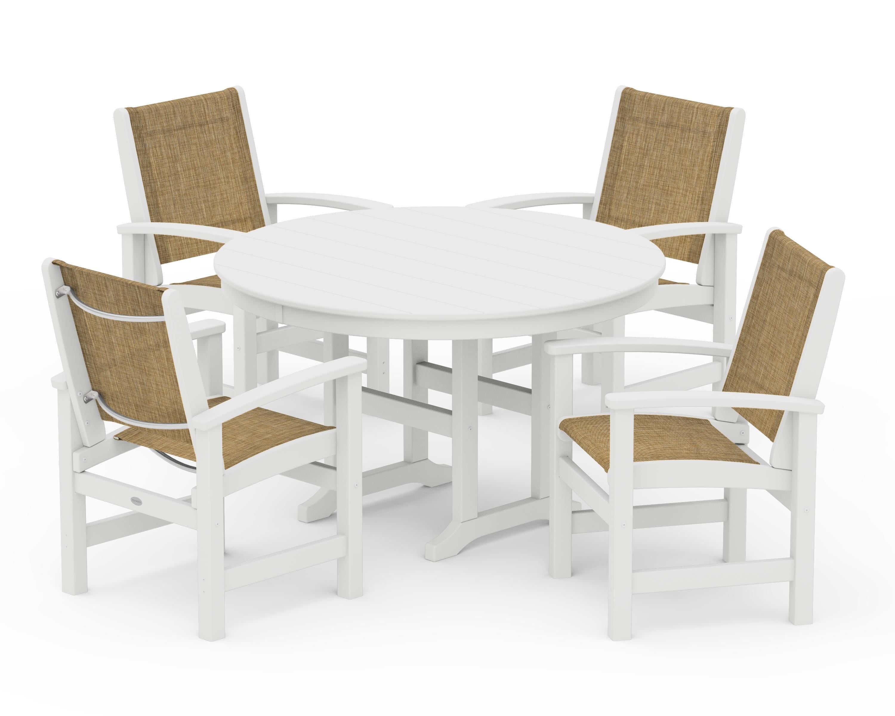 POLYWOOD Coastal 5-Piece Round Farmhouse Dining Set in White / Burlap Sling