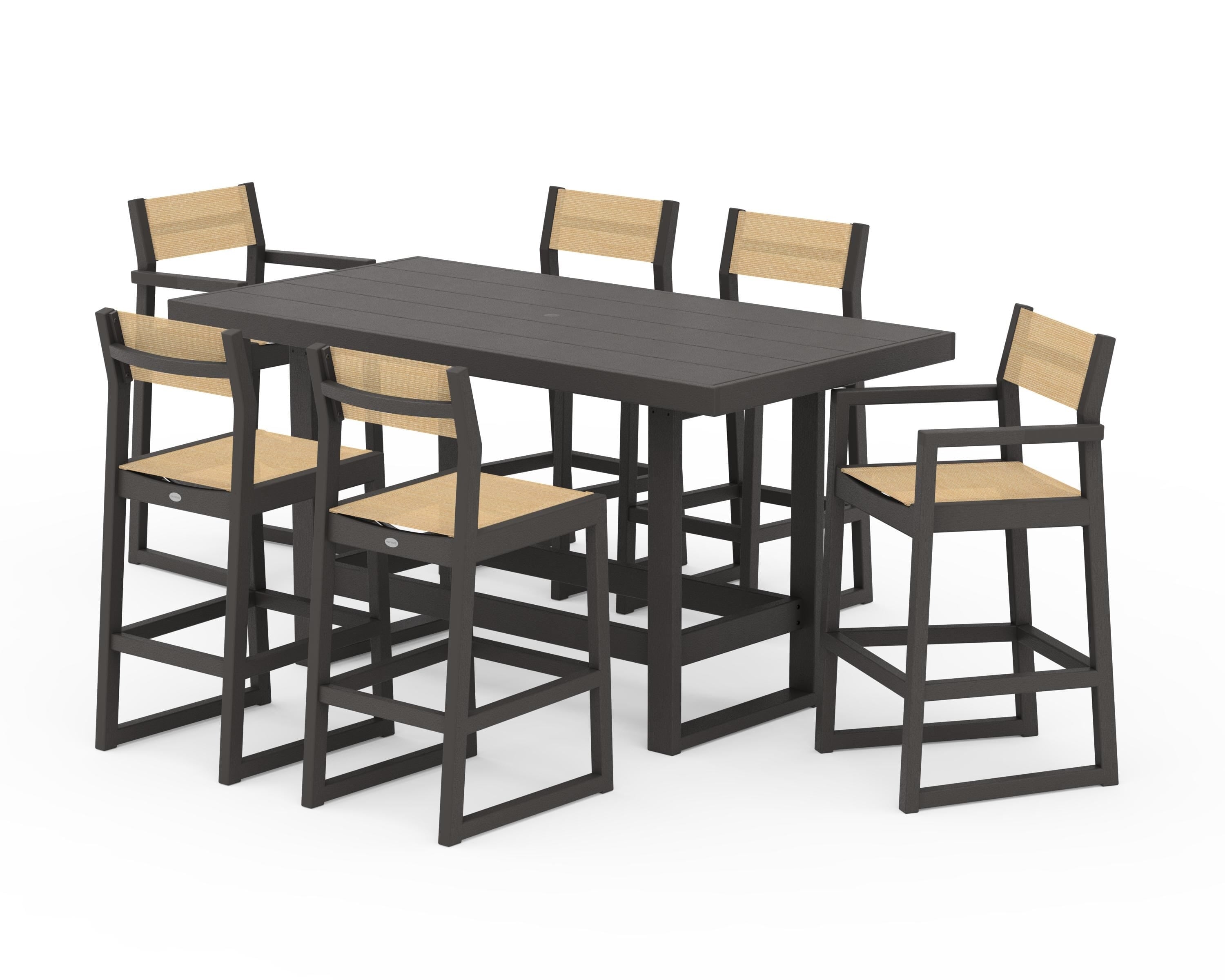 POLYWOOD EDGE Sling 7-Piece Bar Table Set in Vintage Coffee / Dupioni Apricot Sling