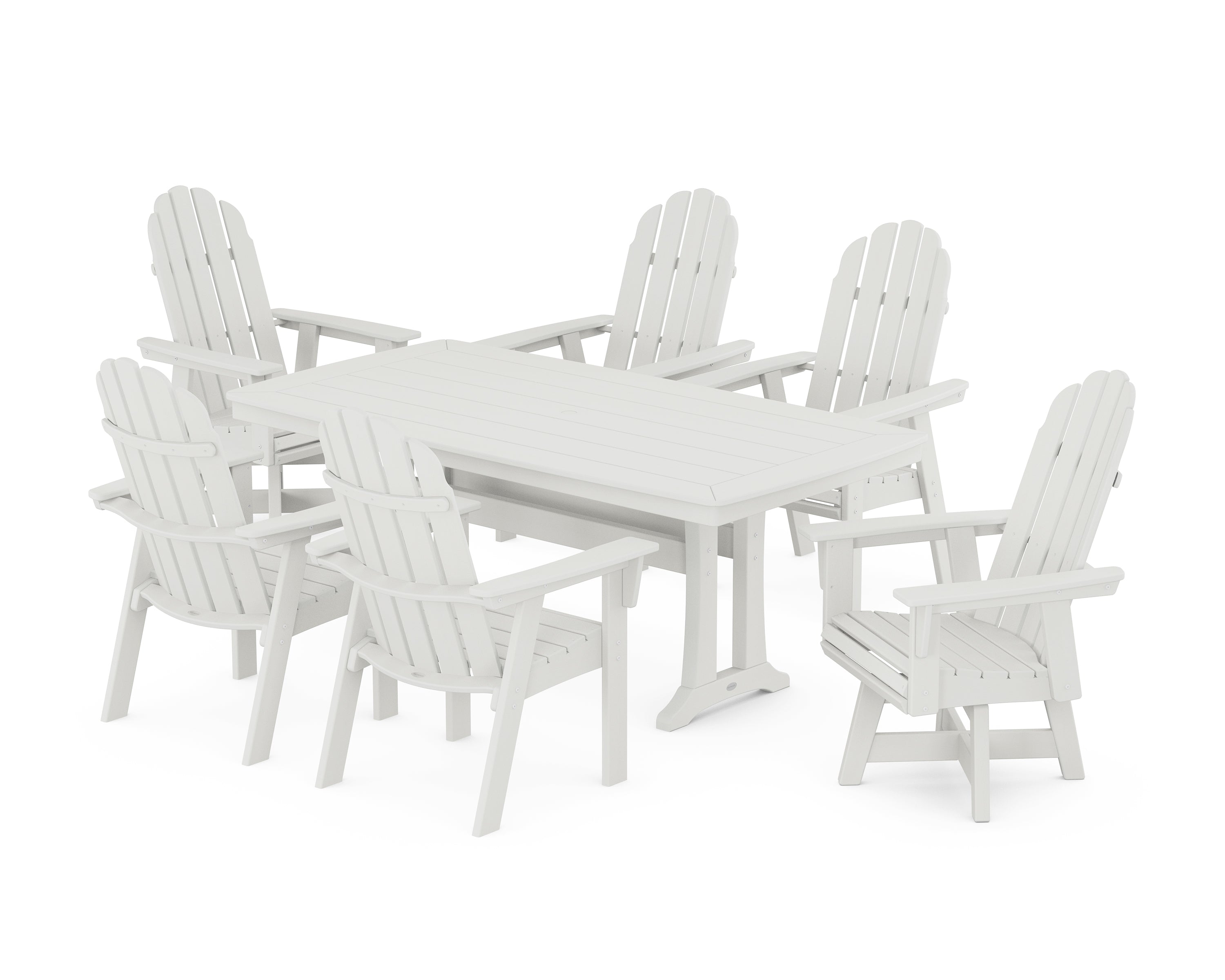 POLYWOOD® Vineyard Curveback Adirondack Swivel Chair 7-Piece Dining Set with Trestle Legs in Vintage White