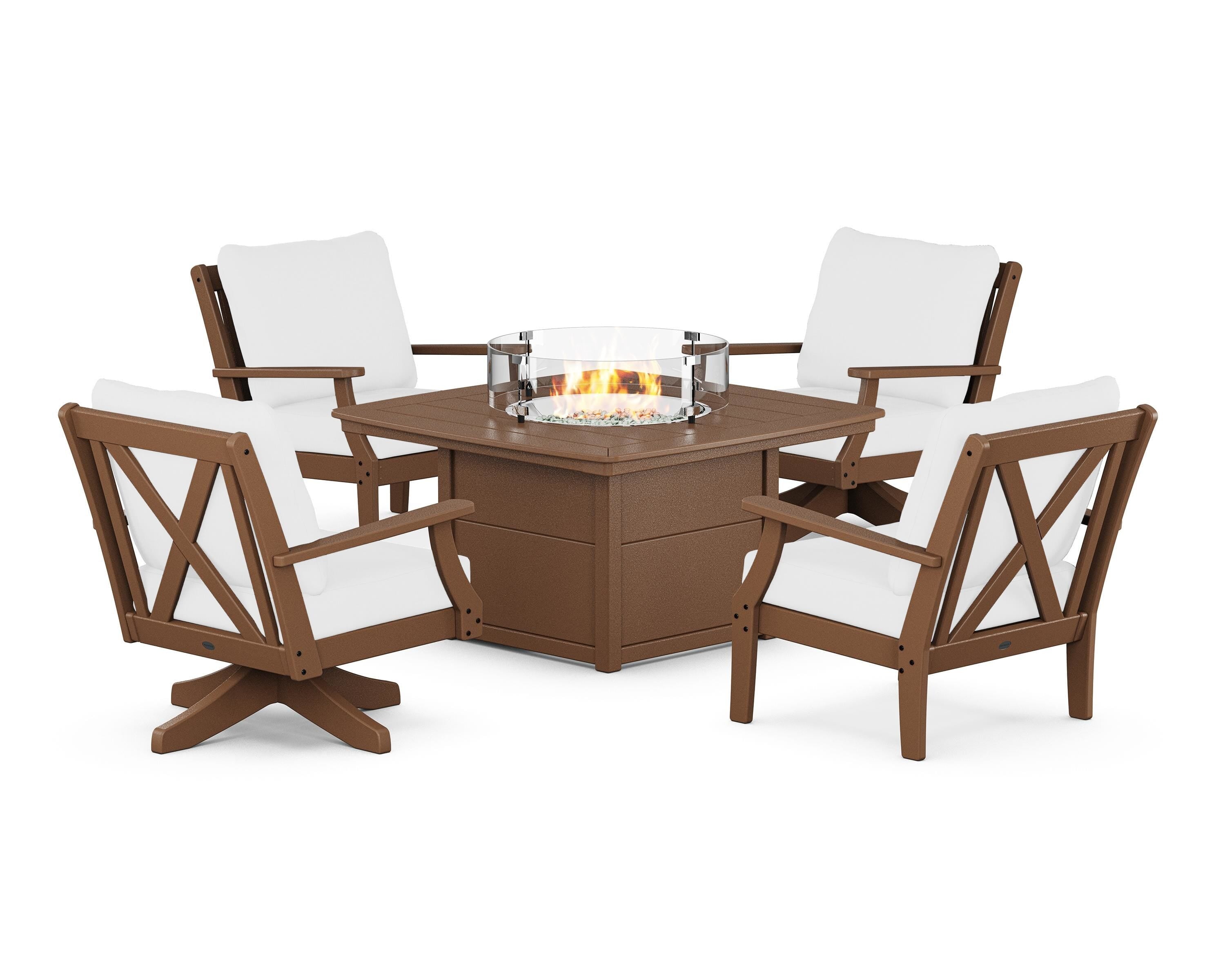POLYWOOD Braxton 5-Piece Deep Seating Set with Fire Table in Teak / Natural