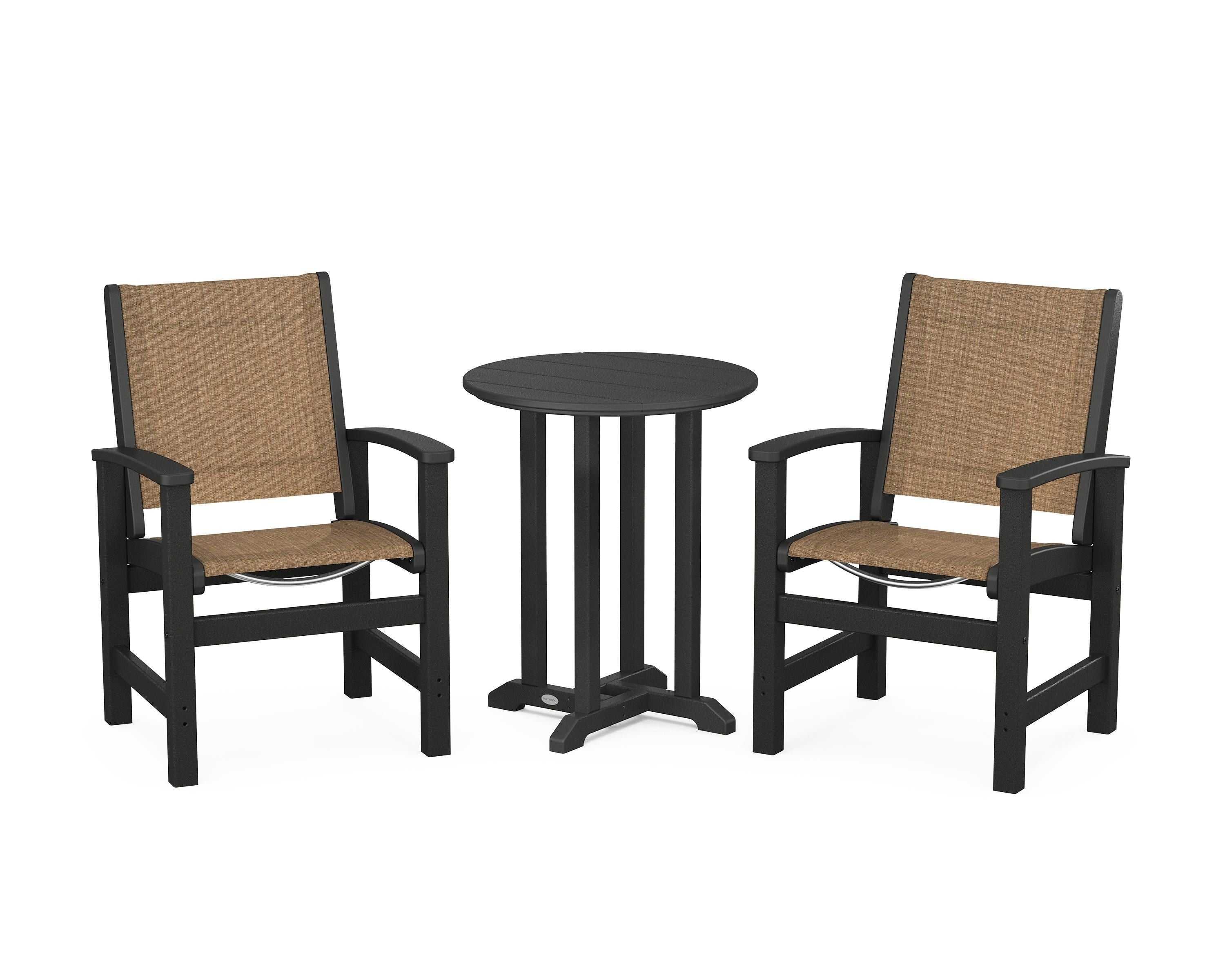 POLYWOOD Coastal 3-Piece Round Bistro Dining Set in Black / Burlap Sling