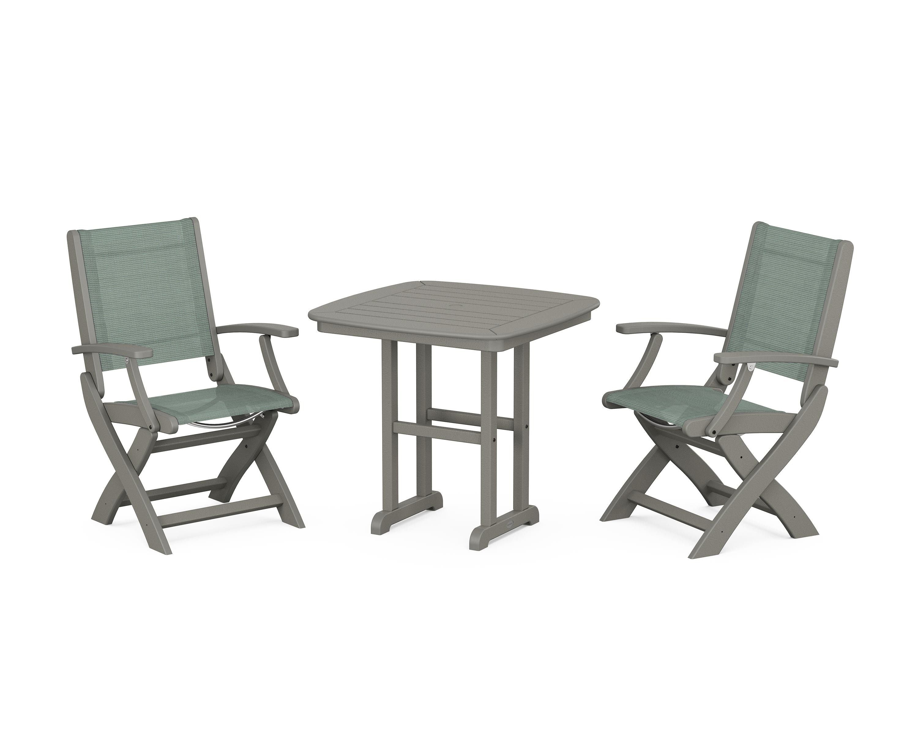 POLYWOOD Coastal Folding Chair 3-Piece Dining Set in Slate Grey / Dupioni Sea Mist Sling