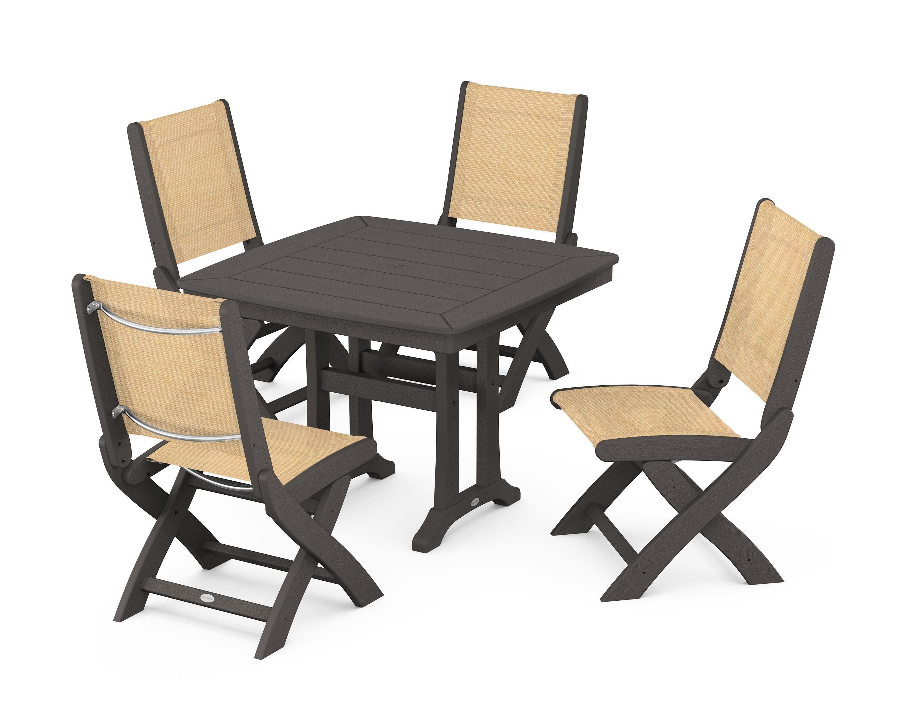 POLYWOOD Coastal Folding Side Chair 5-Piece Dining Set with Trestle Legs in Vintage Coffee / Dupioni Apricot Sling