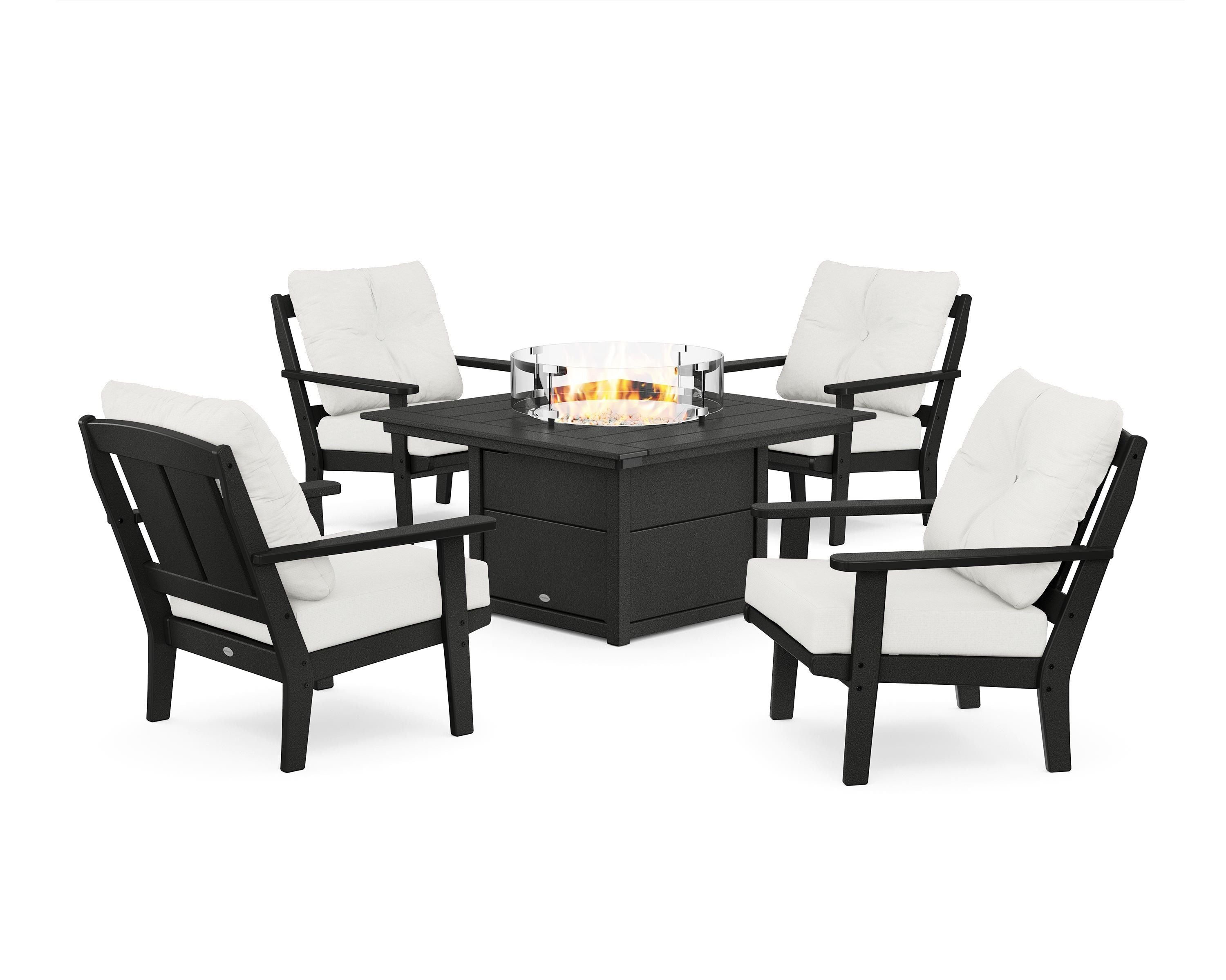 POLYWOOD Mission 5-Piece Deep Seating Set with Fire Pit Table in Black / Natural Linen