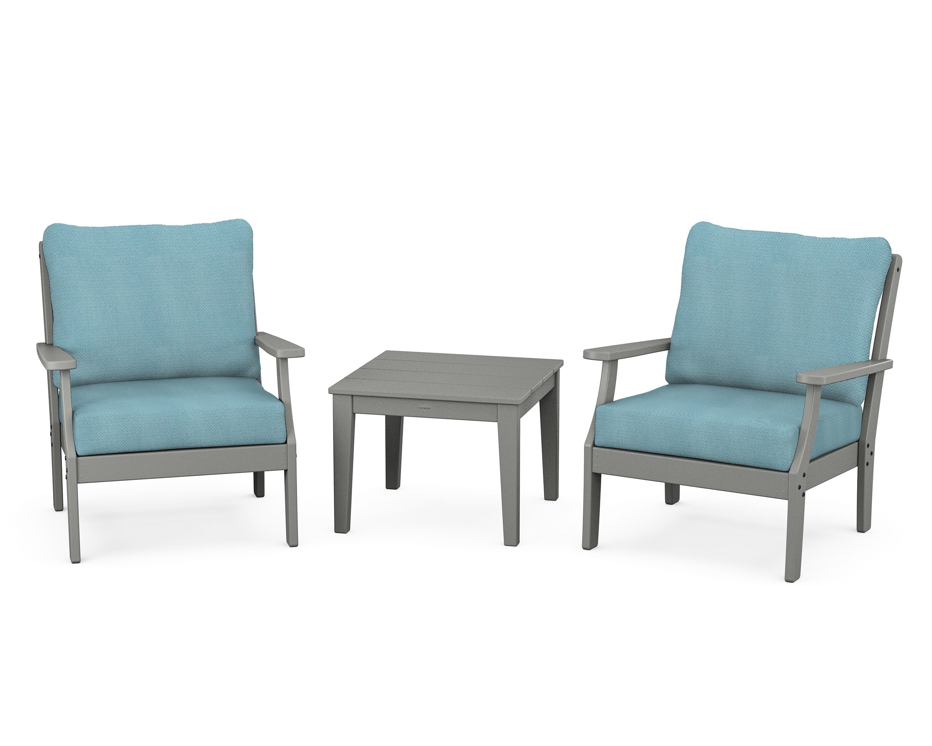 POLYWOOD Braxton 3-Piece Deep Seating Set in Slate Grey / Lattice Sky Blue
