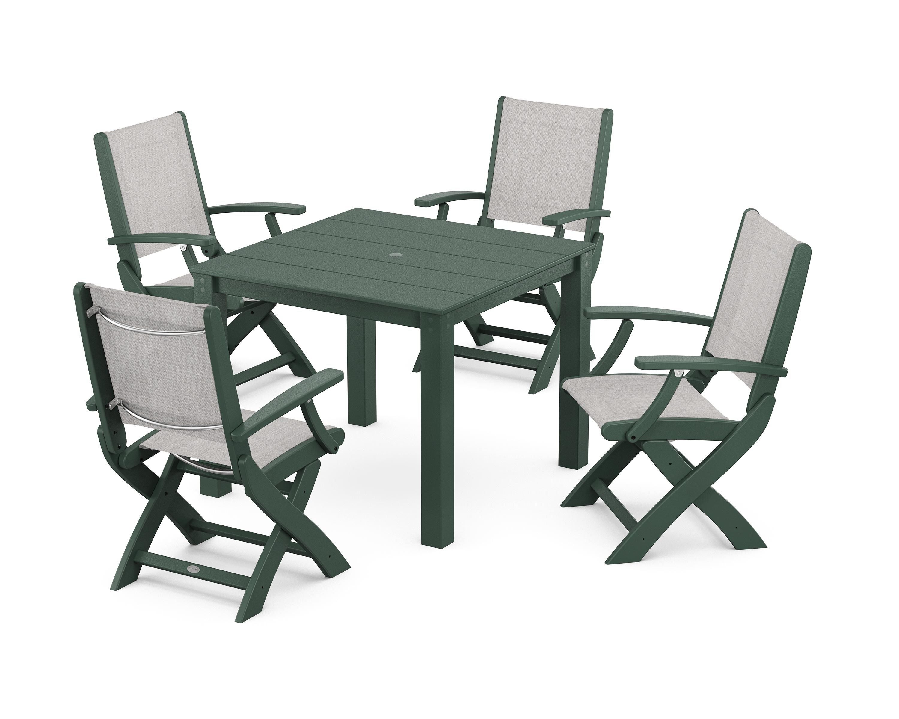 POLYWOOD Coastal Folding Chair 5-Piece Parsons Dining Set in Green / Parchment Sling