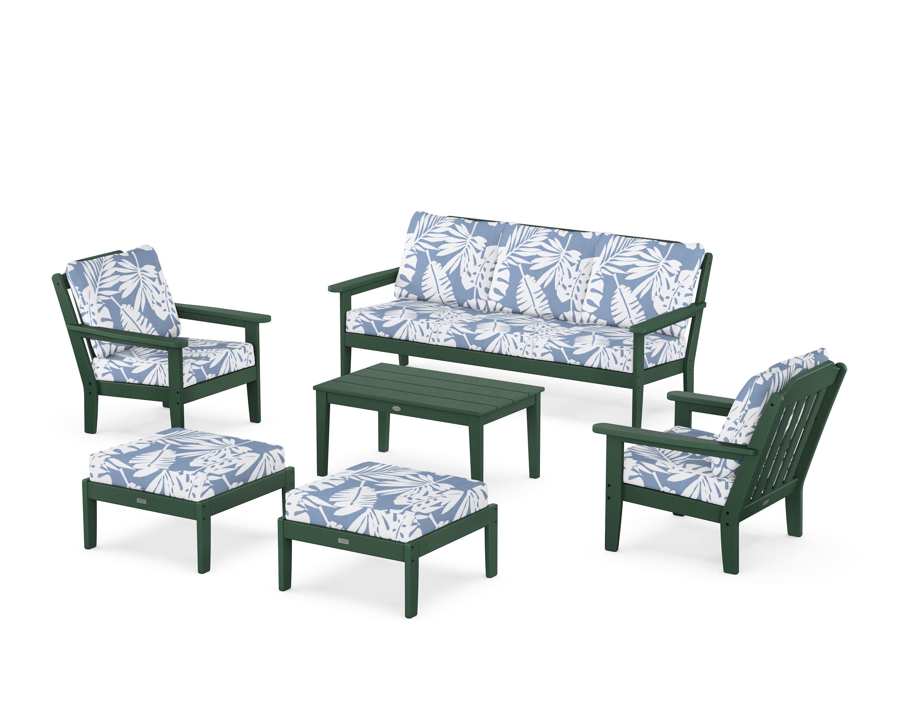 Country Living Cottage 6-Piece Lounge Sofa Set in Green / Leaf Sky Blue