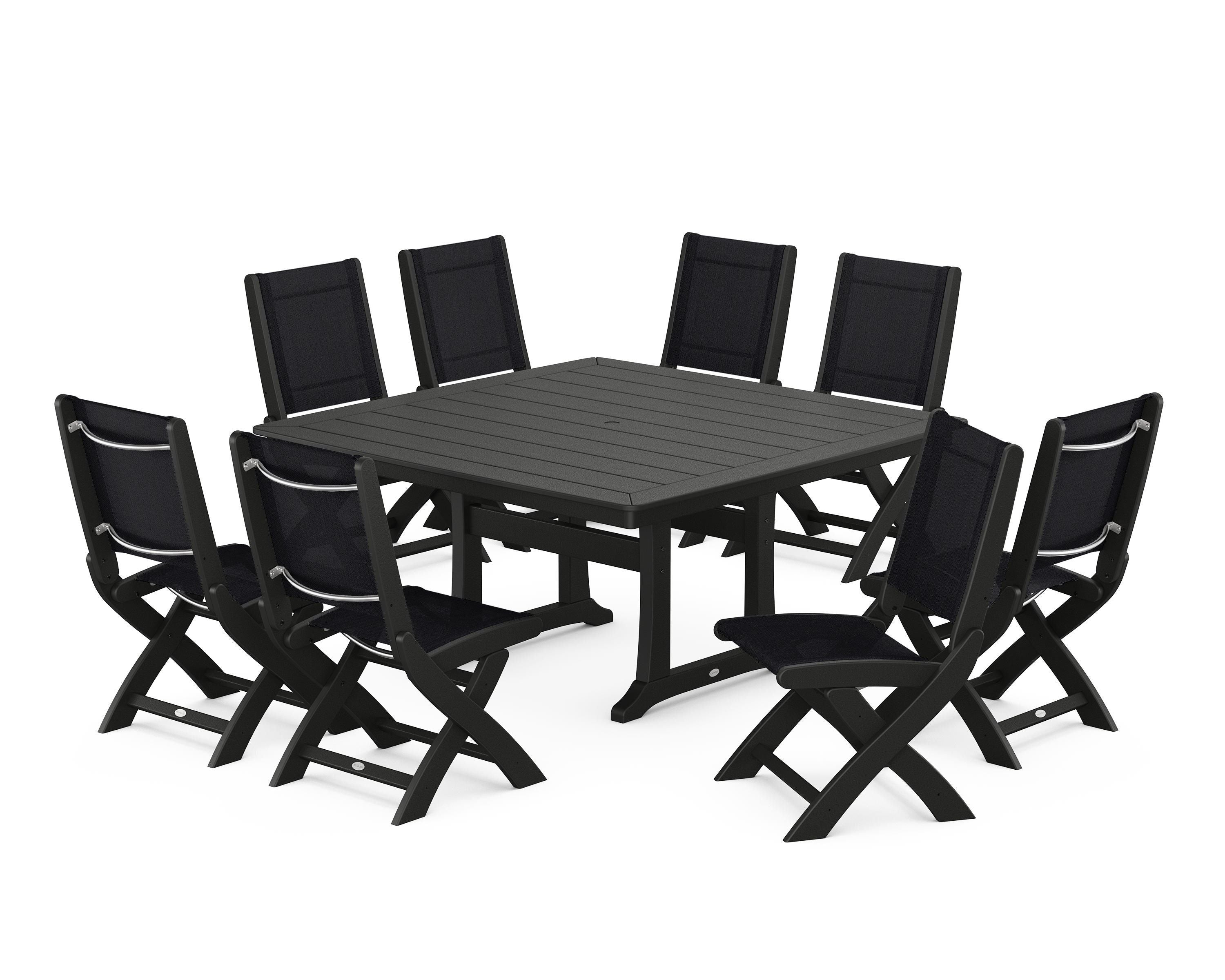 POLYWOOD Coastal Folding Side Chair 9-Piece Dining Set with Trestle Legs in Black / Black Sling