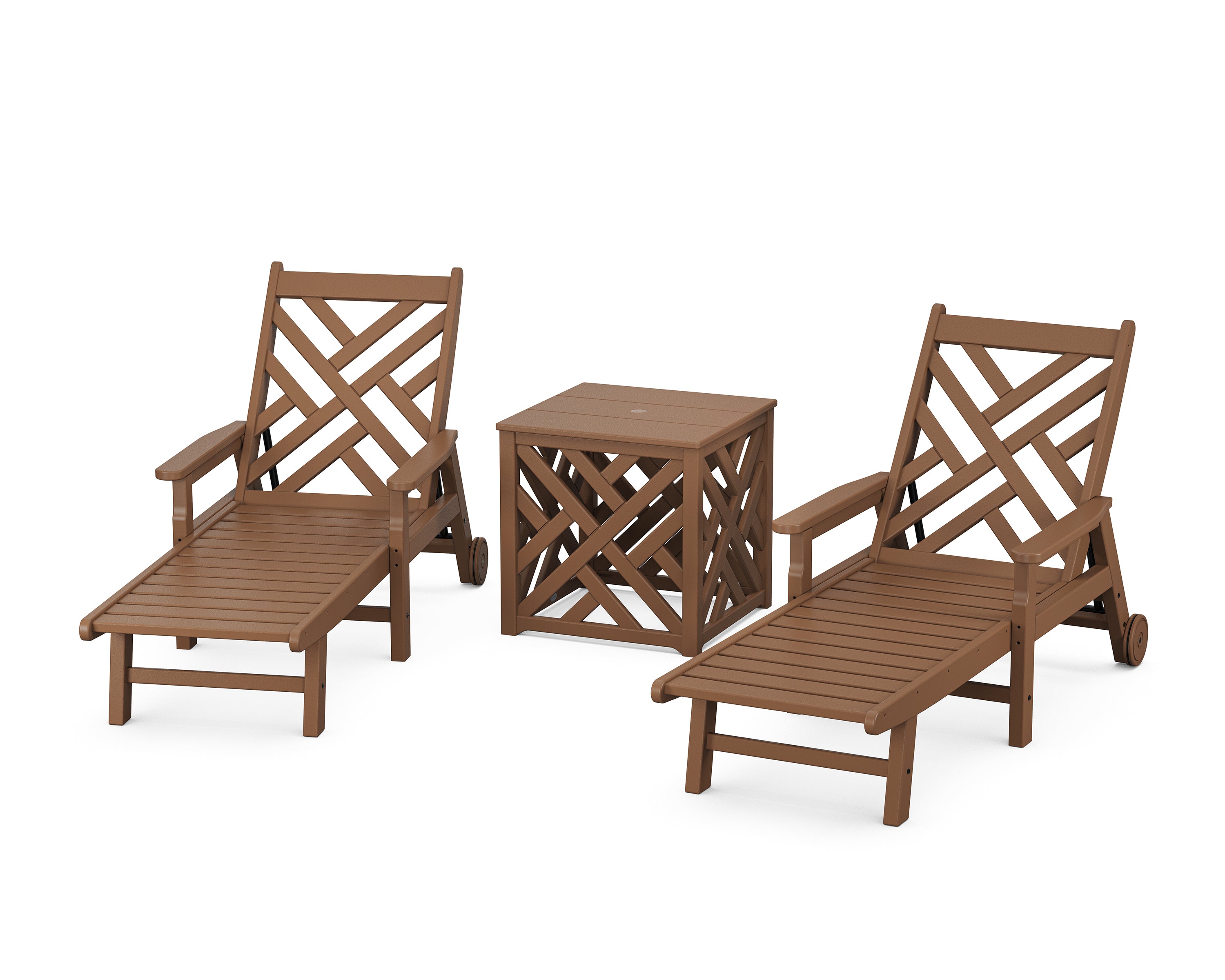 POLYWOOD Chippendale 3-Piece Chaise Set with Umbrella Stand Accent Table in Teak