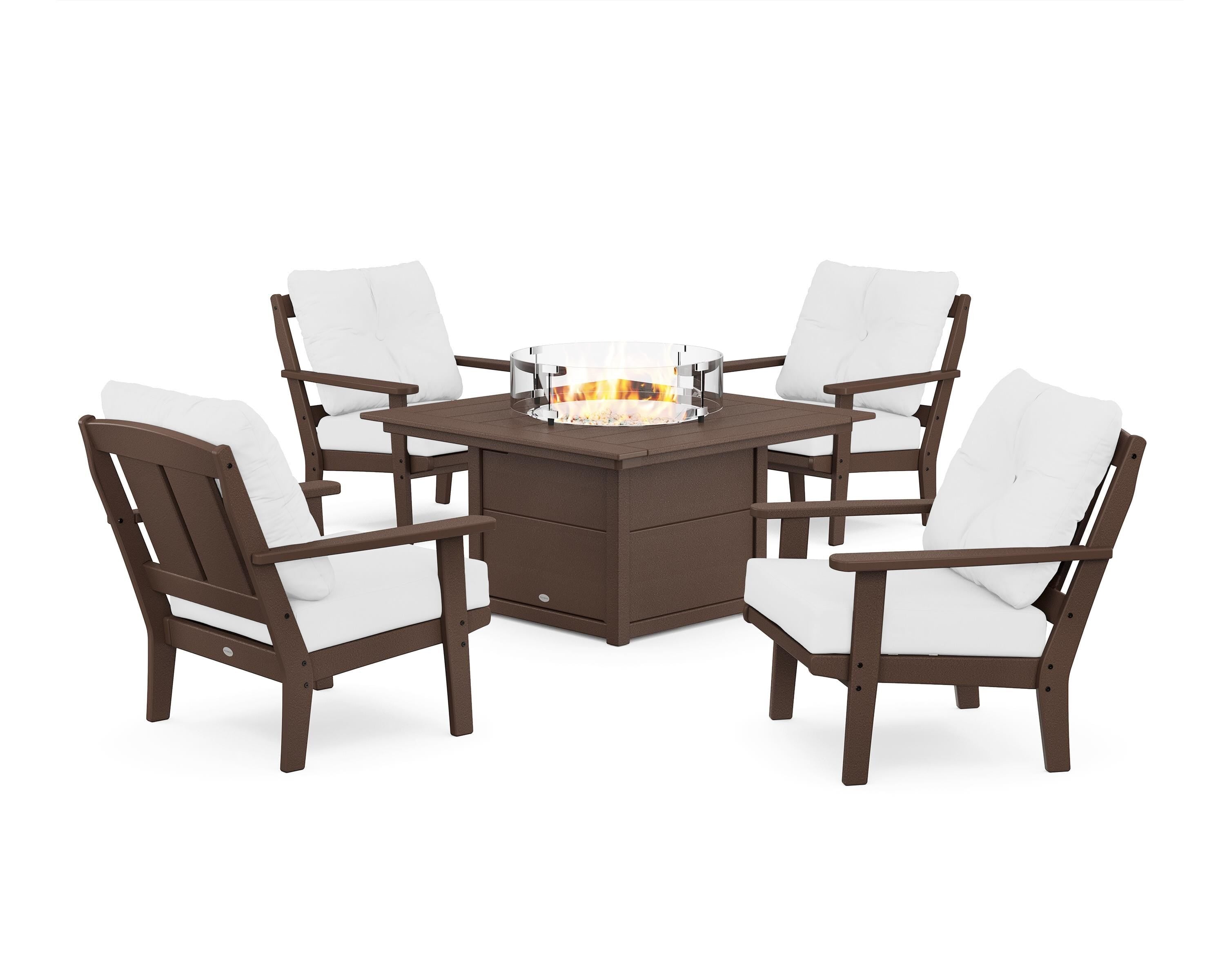 POLYWOOD Mission 5-Piece Deep Seating Set with Fire Pit Table in Mahogany / Natural