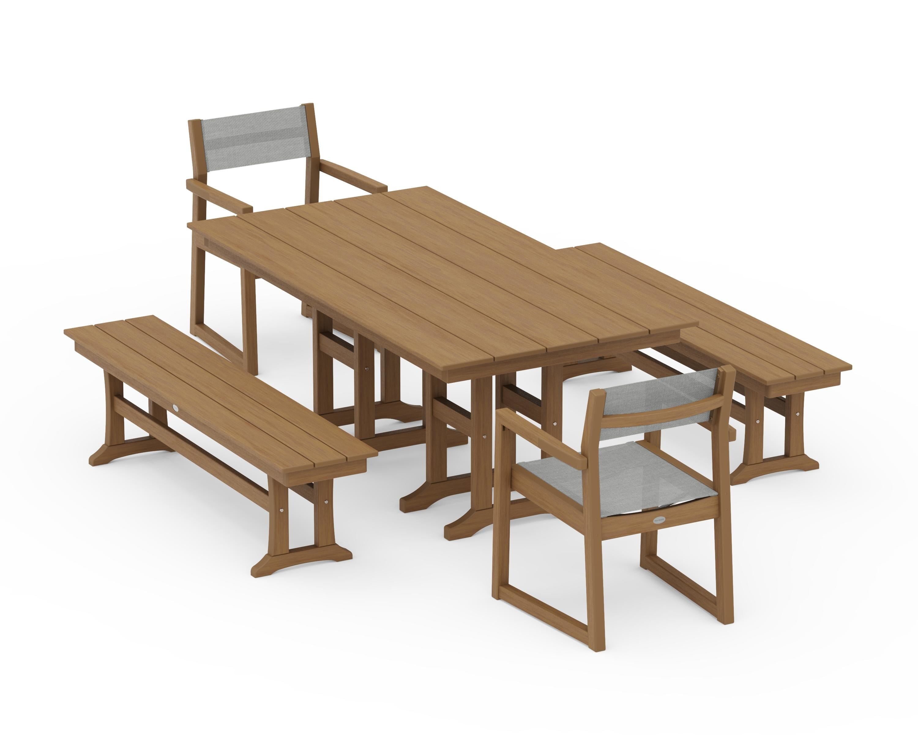 POLYWOOD EDGE Sling Arm Chair 5-Piece Farmhouse Dining Set with Benches in Natural / Metallic Sling