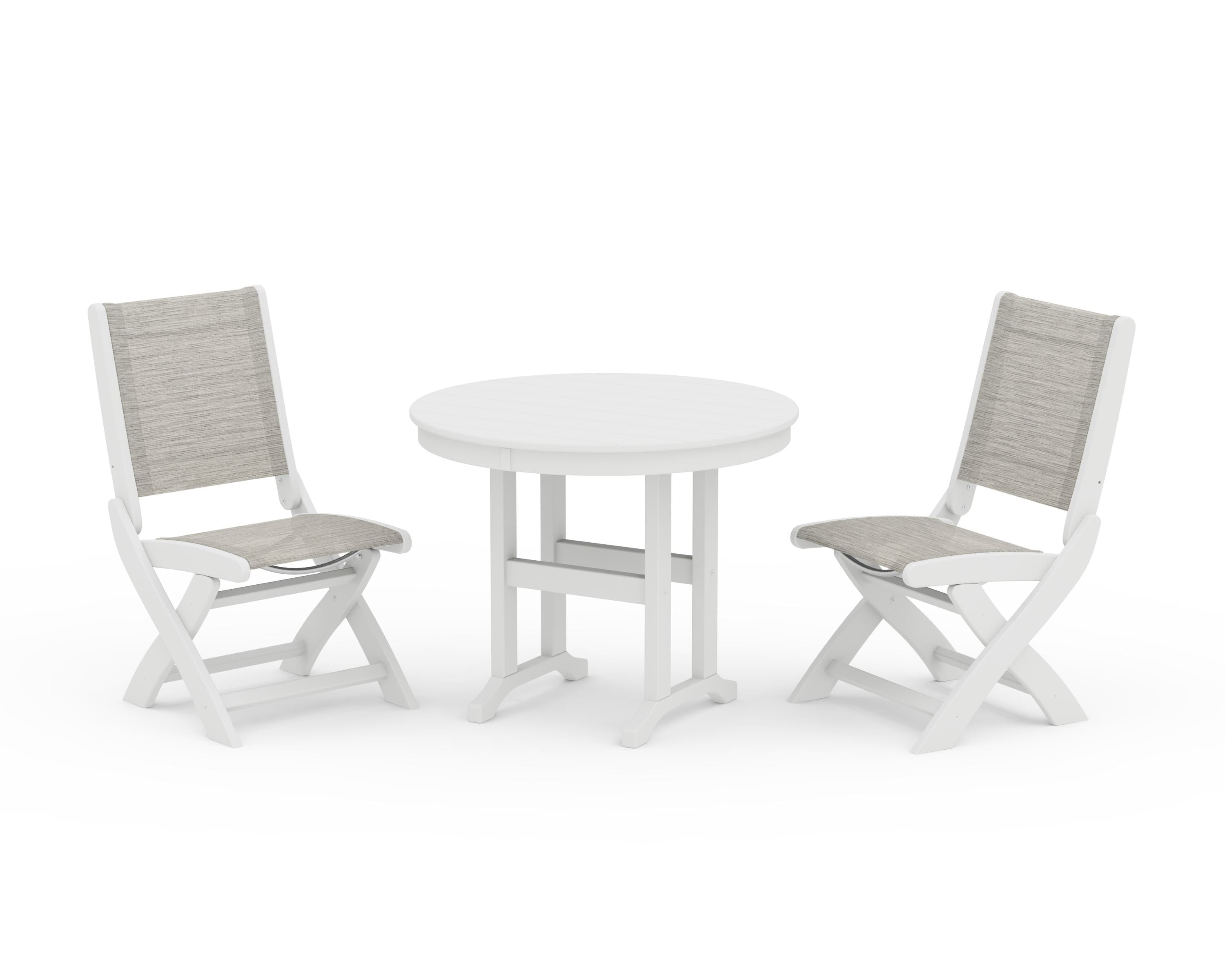 POLYWOOD Coastal Folding Side Chair 3-Piece Round Dining Set in White / Birch Sling