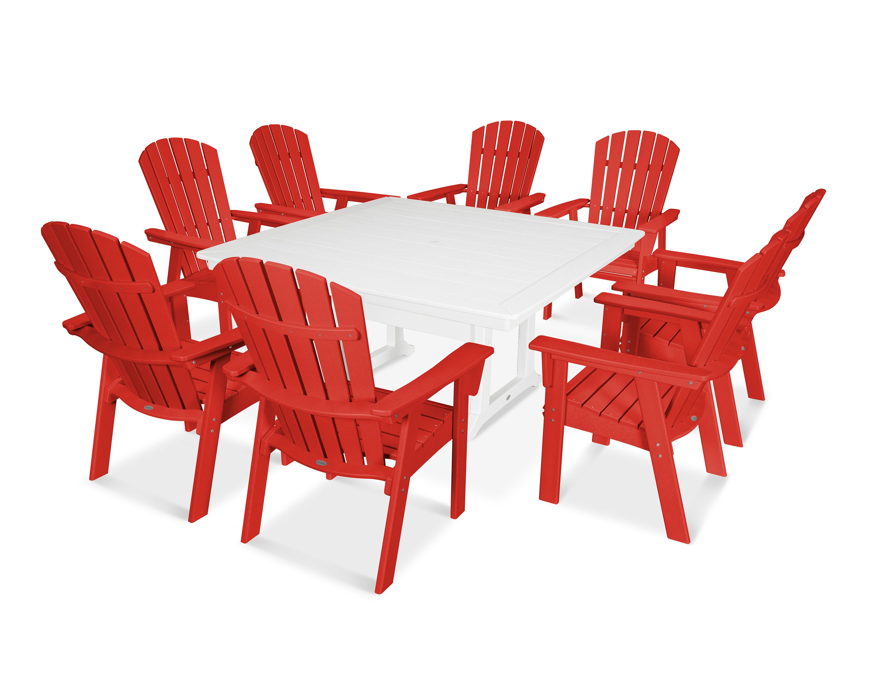 POLYWOOD® Nautical Adirondack 9-Piece Trestle Dining Set in Sunset Red / White