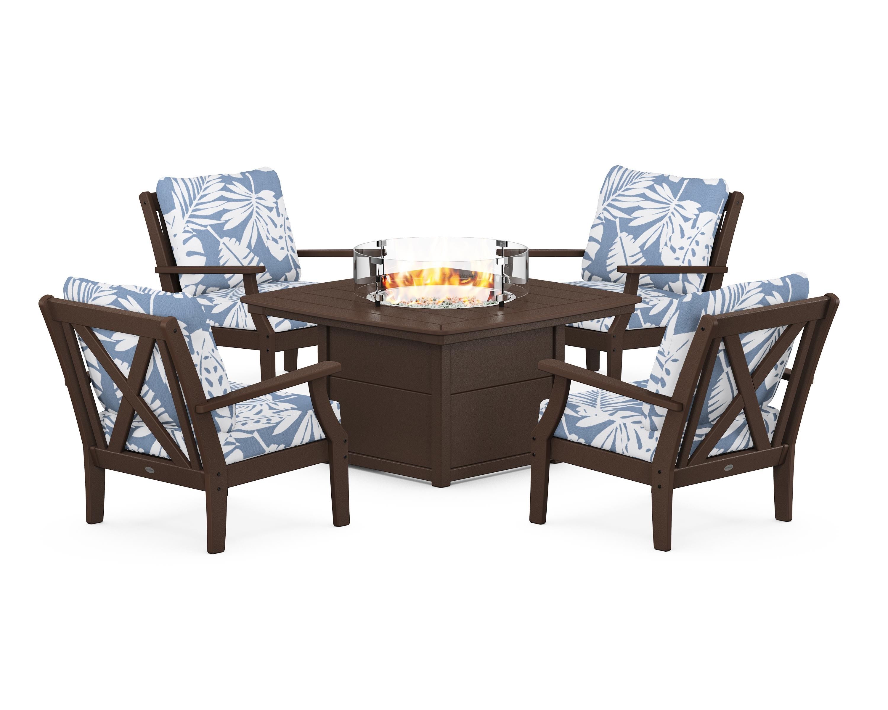 POLYWOOD Braxton 5-Piece Deep Seating Conversation Set with Fire Pit Table in Mahogany / Leaf Sky Blue