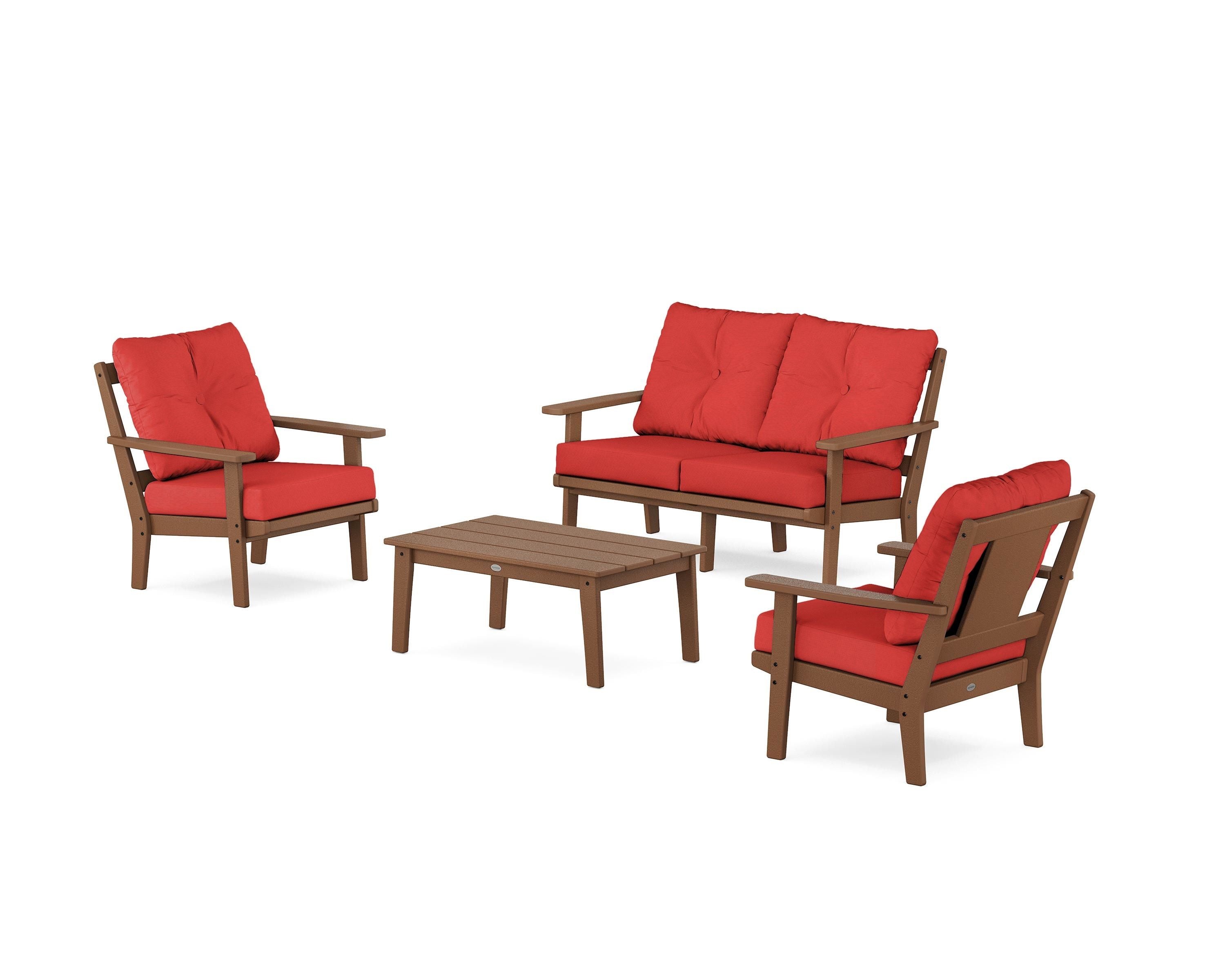 POLYWOOD Prairie 4-Piece Deep Seating Set with Loveseat in Teak / Crimson Linen