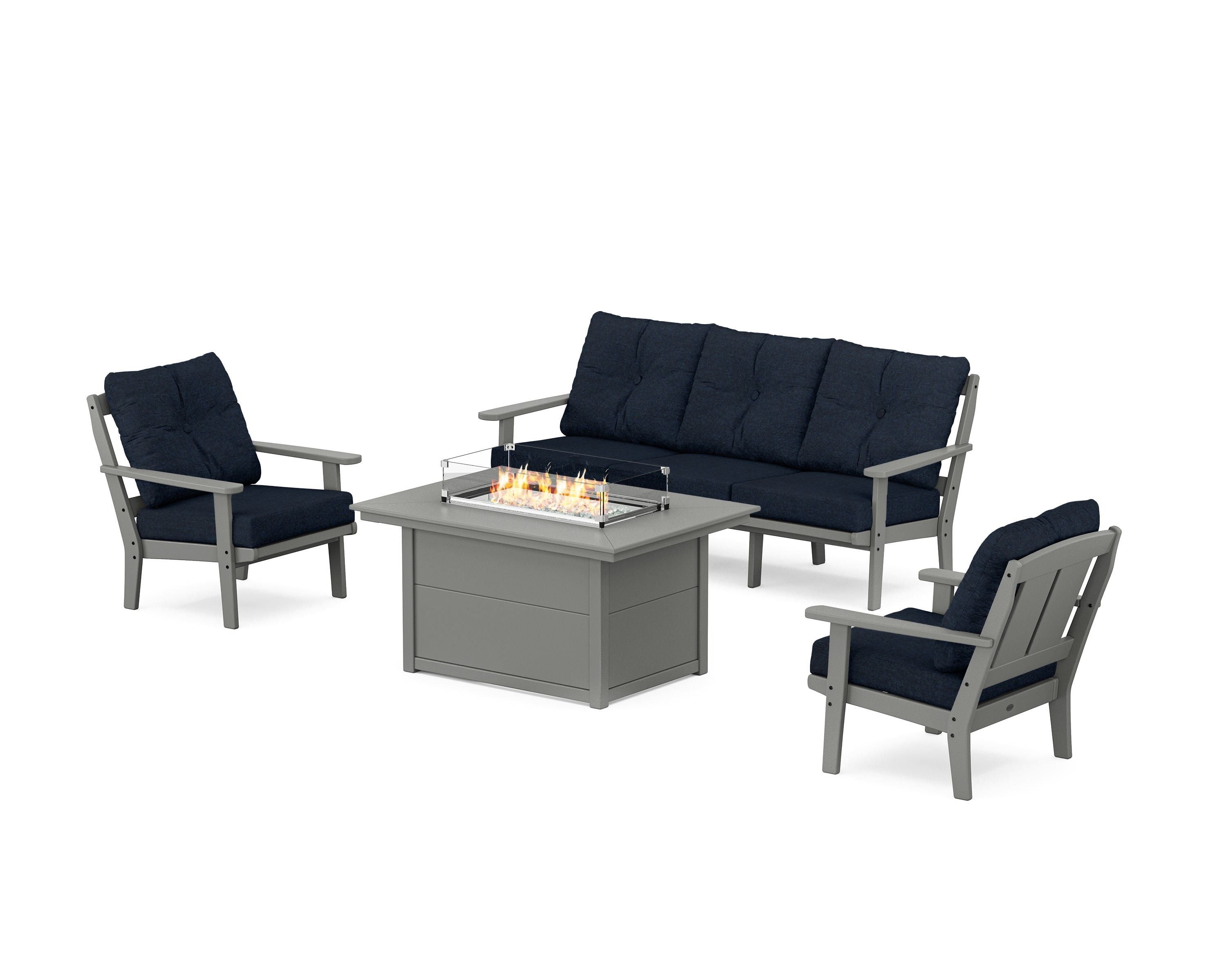 POLYWOOD Mission Deep Seating Fire Pit Table Set in Slate Grey / Marine Indigo