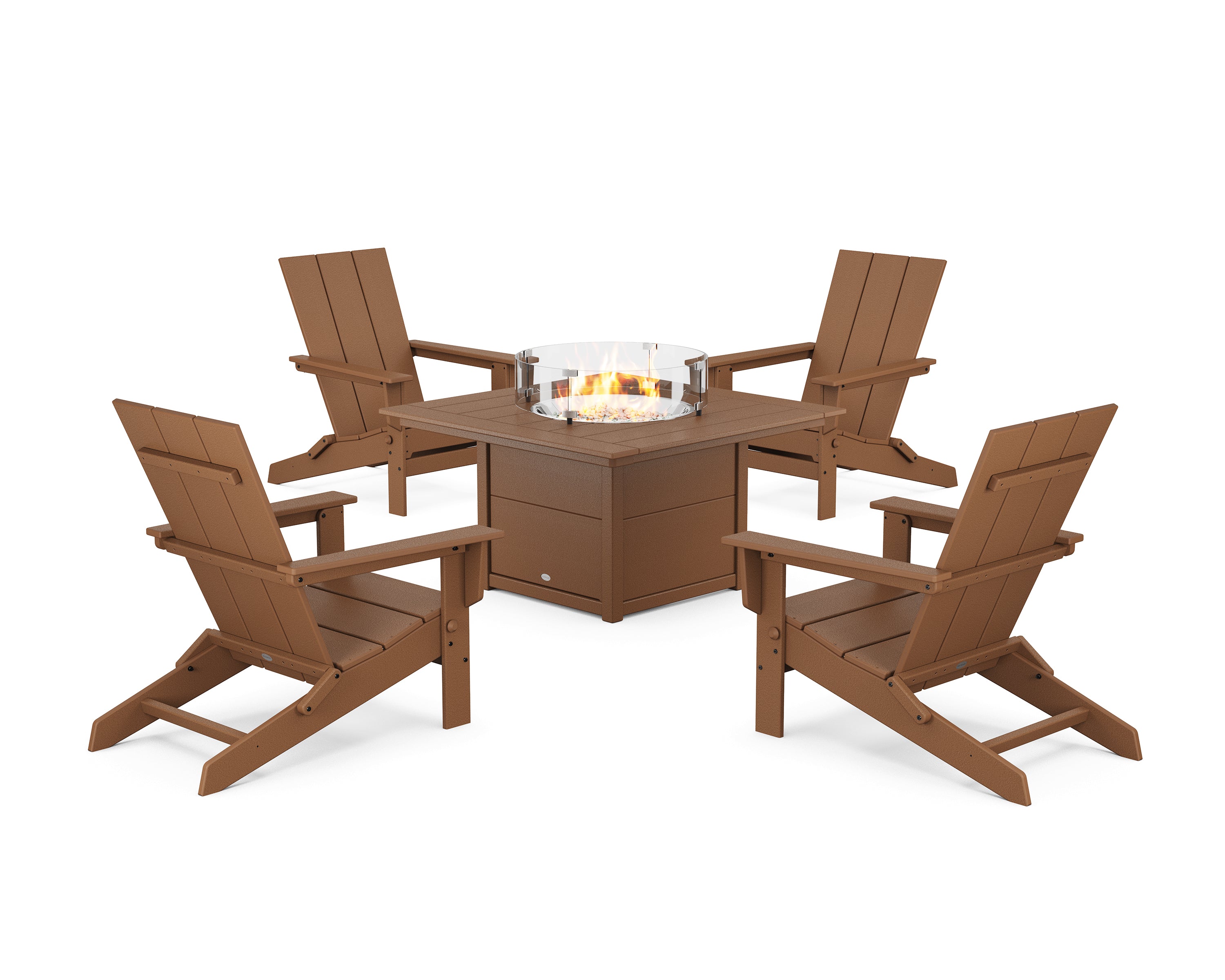 POLYWOOD® 5-Piece Modern Studio Folding Adirondack Conversation Set with Fire Pit Table in Teak