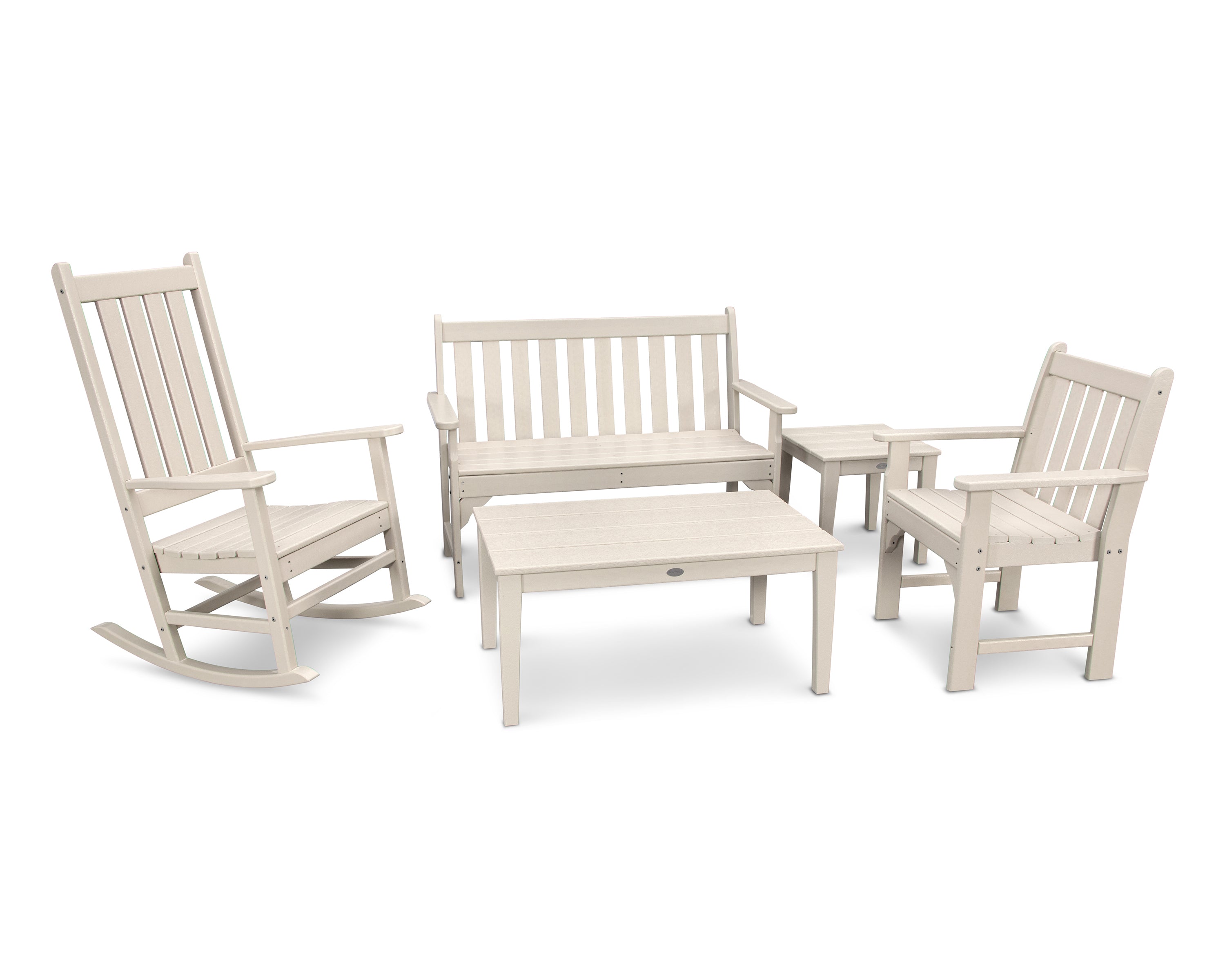 POLYWOOD Vineyard 5-Piece Bench & Rocking Chair Set in Sand