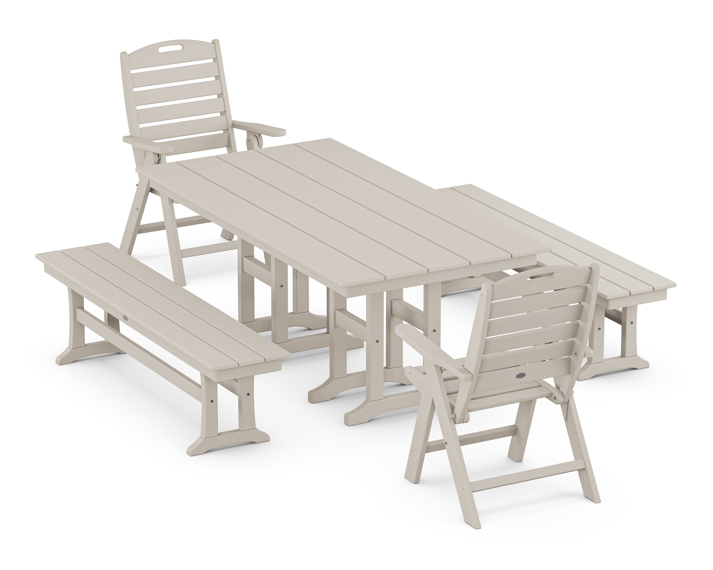 POLYWOOD Nautical Highback 5-Piece Farmhouse Dining Set with Benches in Sand