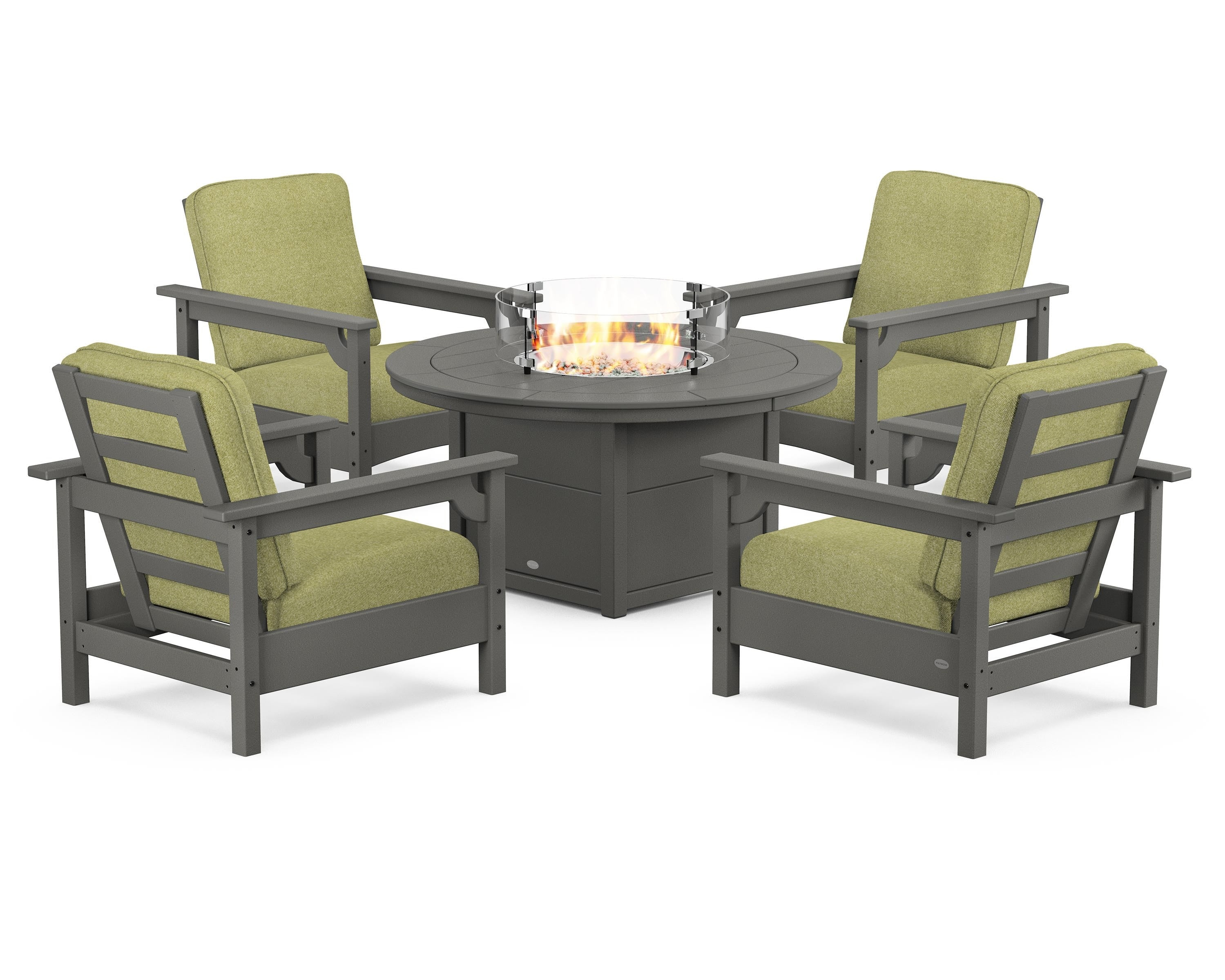 POLYWOOD Club 5-Piece Conversation Set with Fire Pit Table in Slate Grey / Chartreuse Boucle
