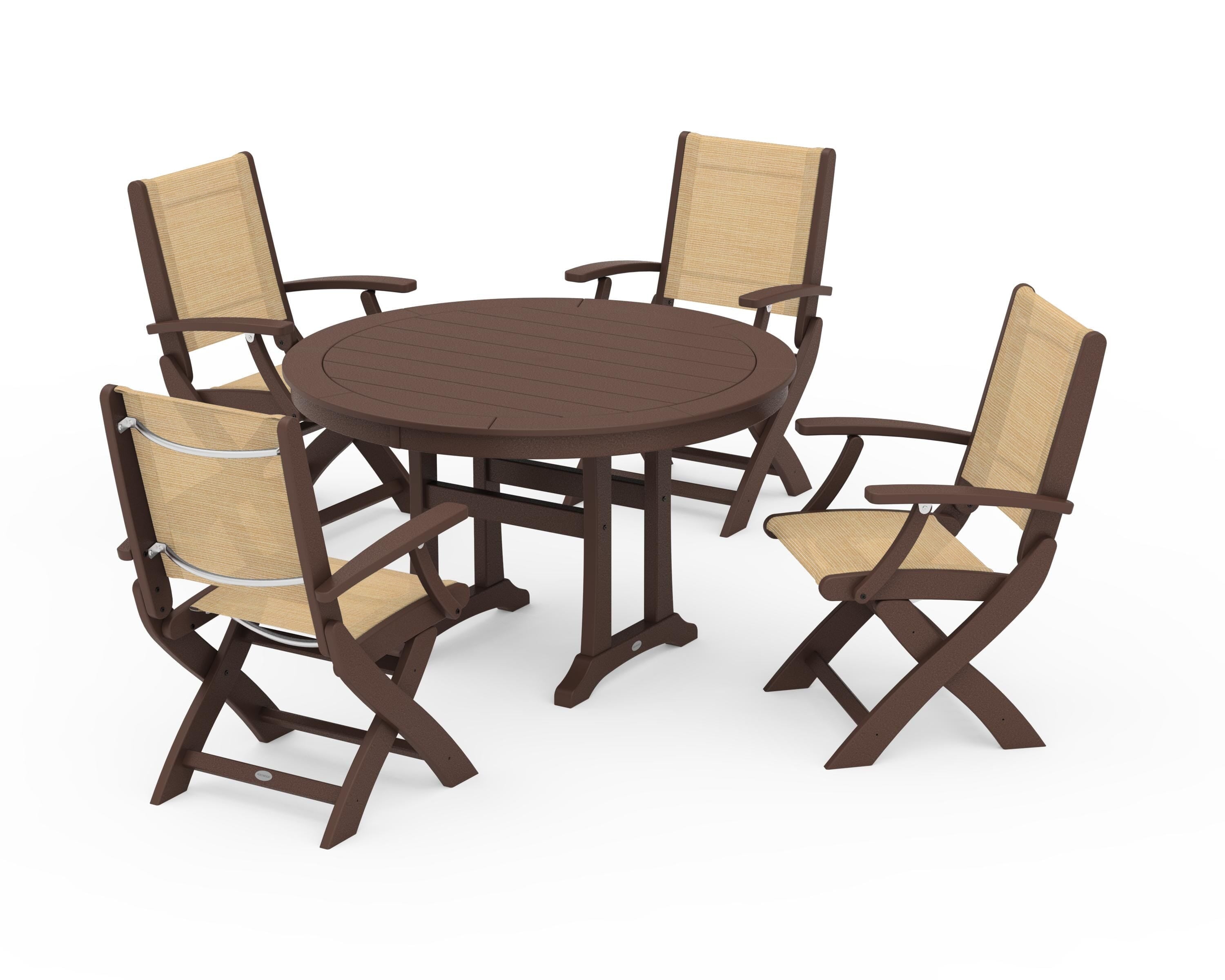 POLYWOOD Coastal Folding Chair 5-Piece Round Dining Set with Trestle Legs in Mahogany / Dupioni Apricot Sling