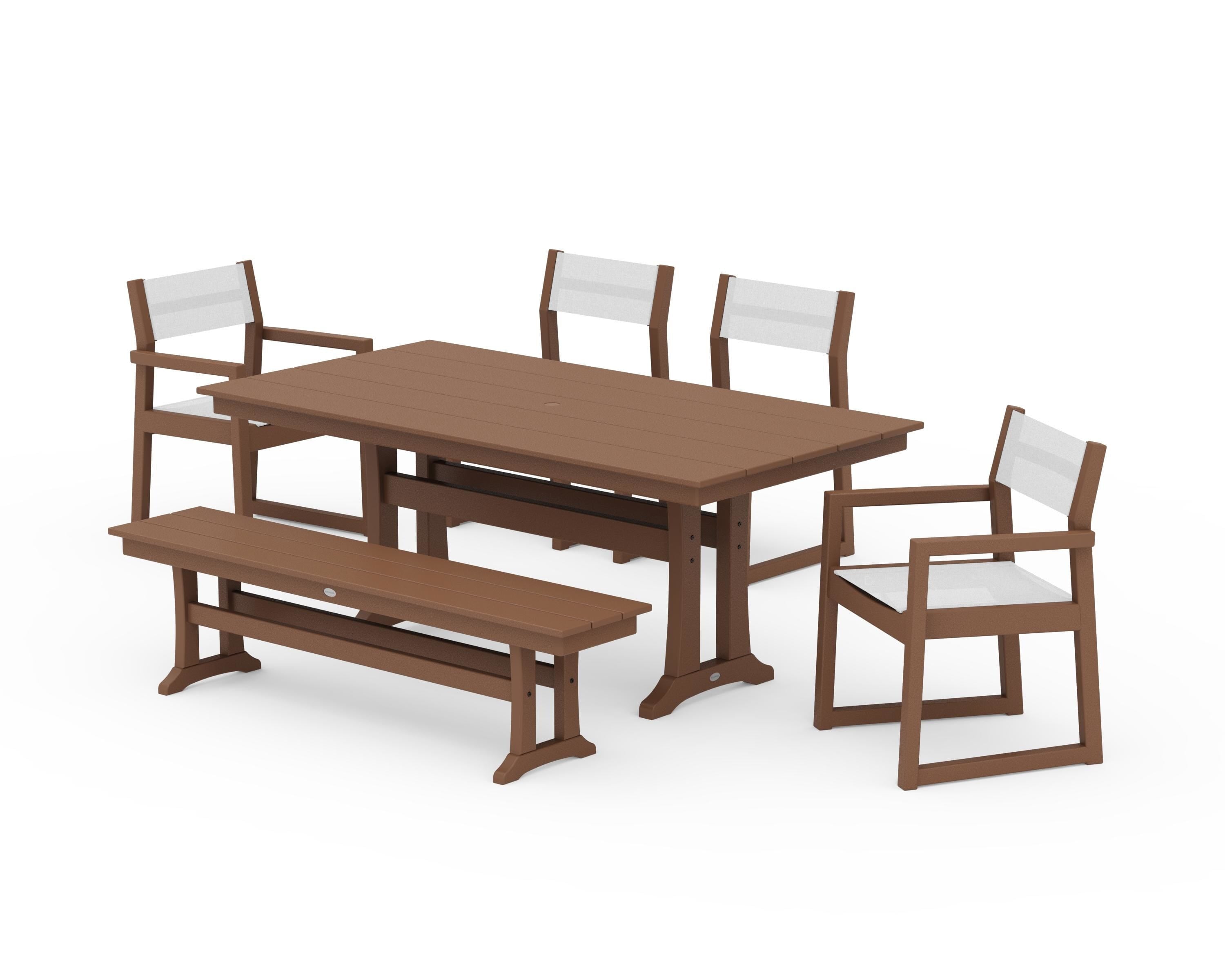 POLYWOOD EDGE Sling 6-Piece Farmhouse Dining Set With Trestle Legs in Teak / White Sling