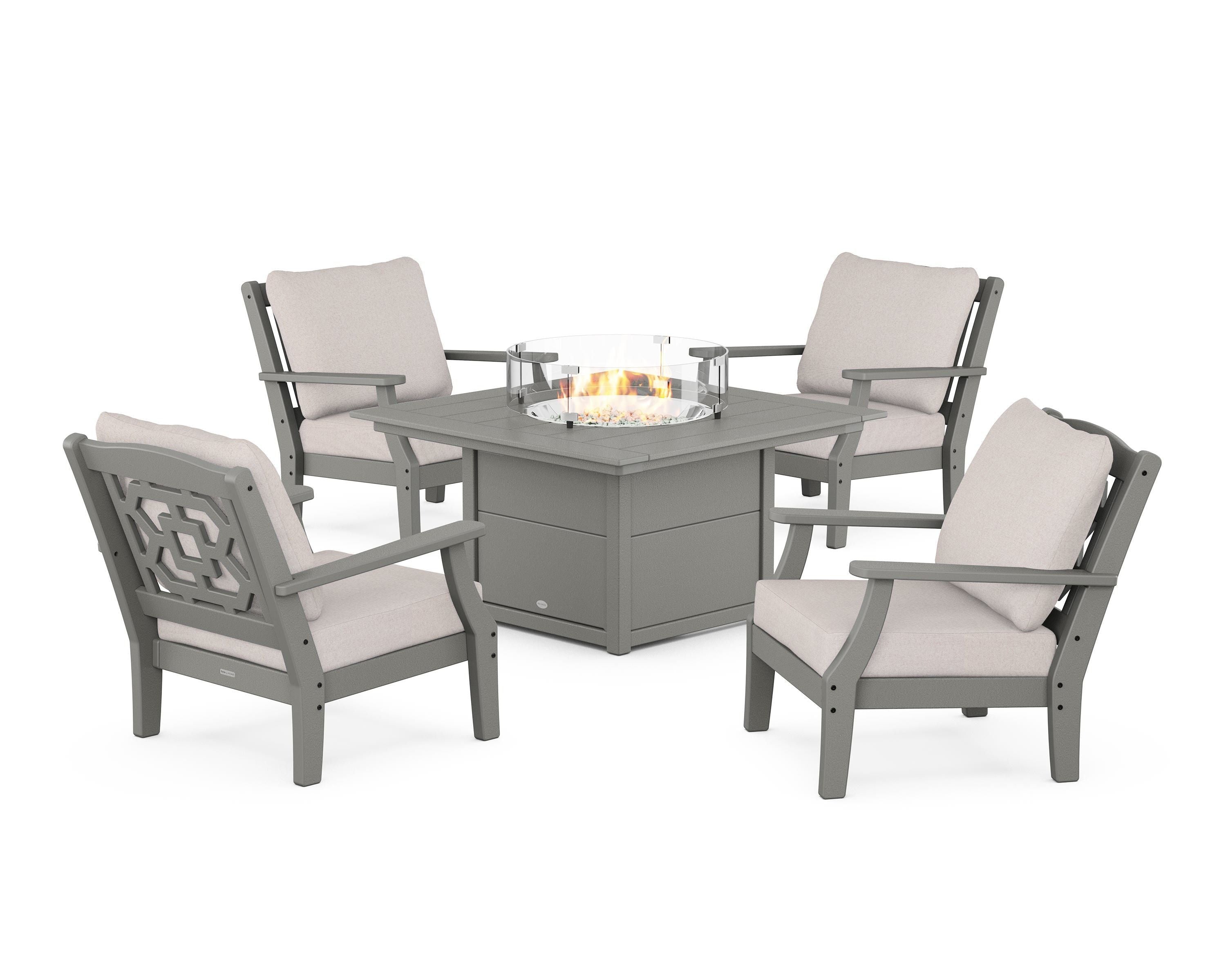 Martha Stewart by POLYWOOD Chinoiserie 5-Piece Deep Seating Set with Fire Pit Table in Slate Grey / Dune Burlap