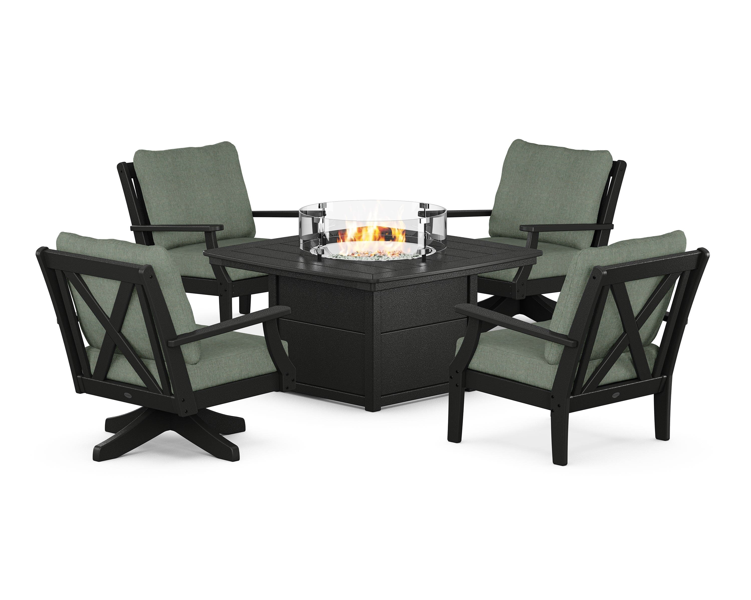 POLYWOOD Braxton 5-Piece Deep Seating Set with Fire Table in Black / Cast Sage