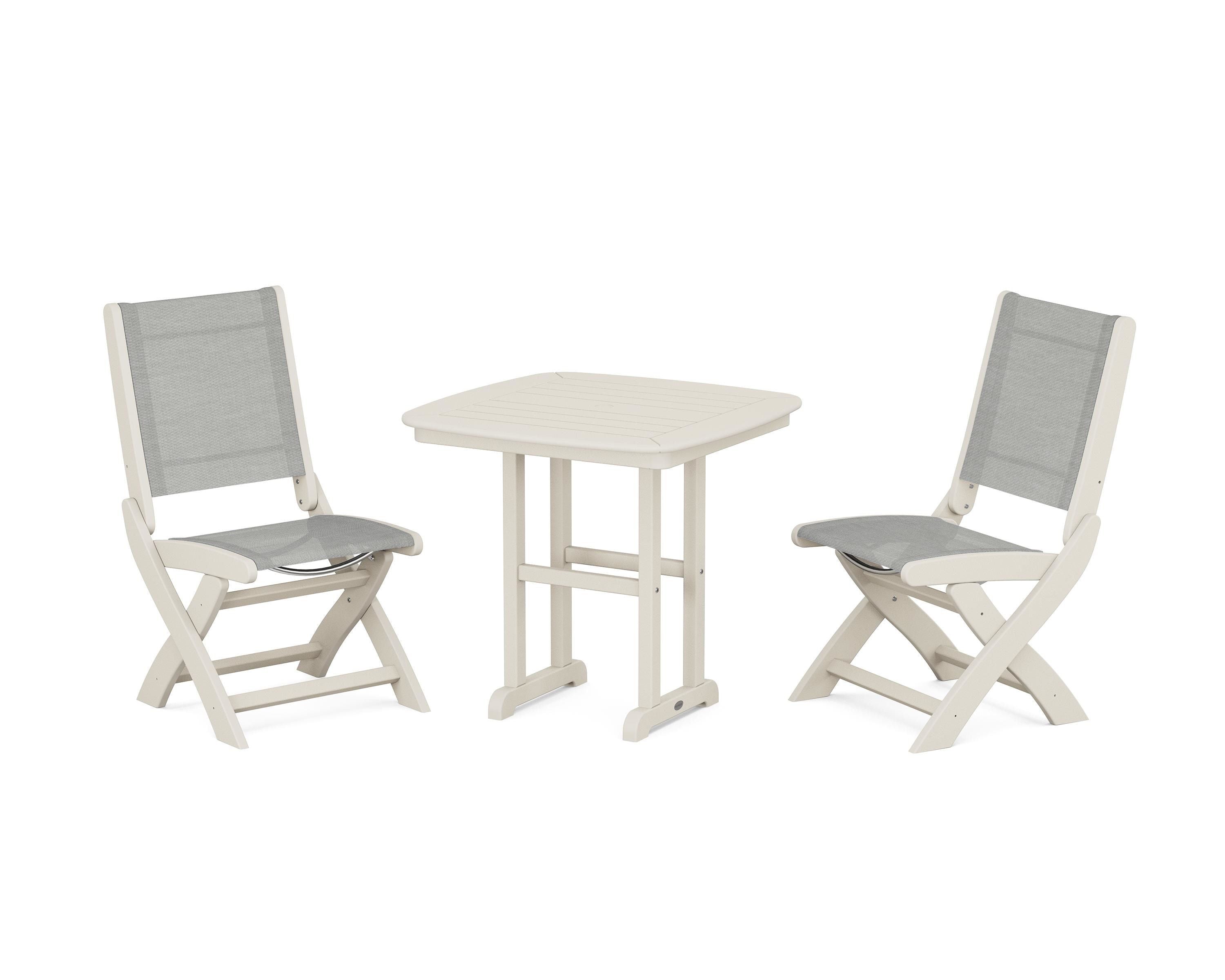 POLYWOOD Coastal Folding Side Chair 3-Piece Dining Set in Sand / Metallic Sling