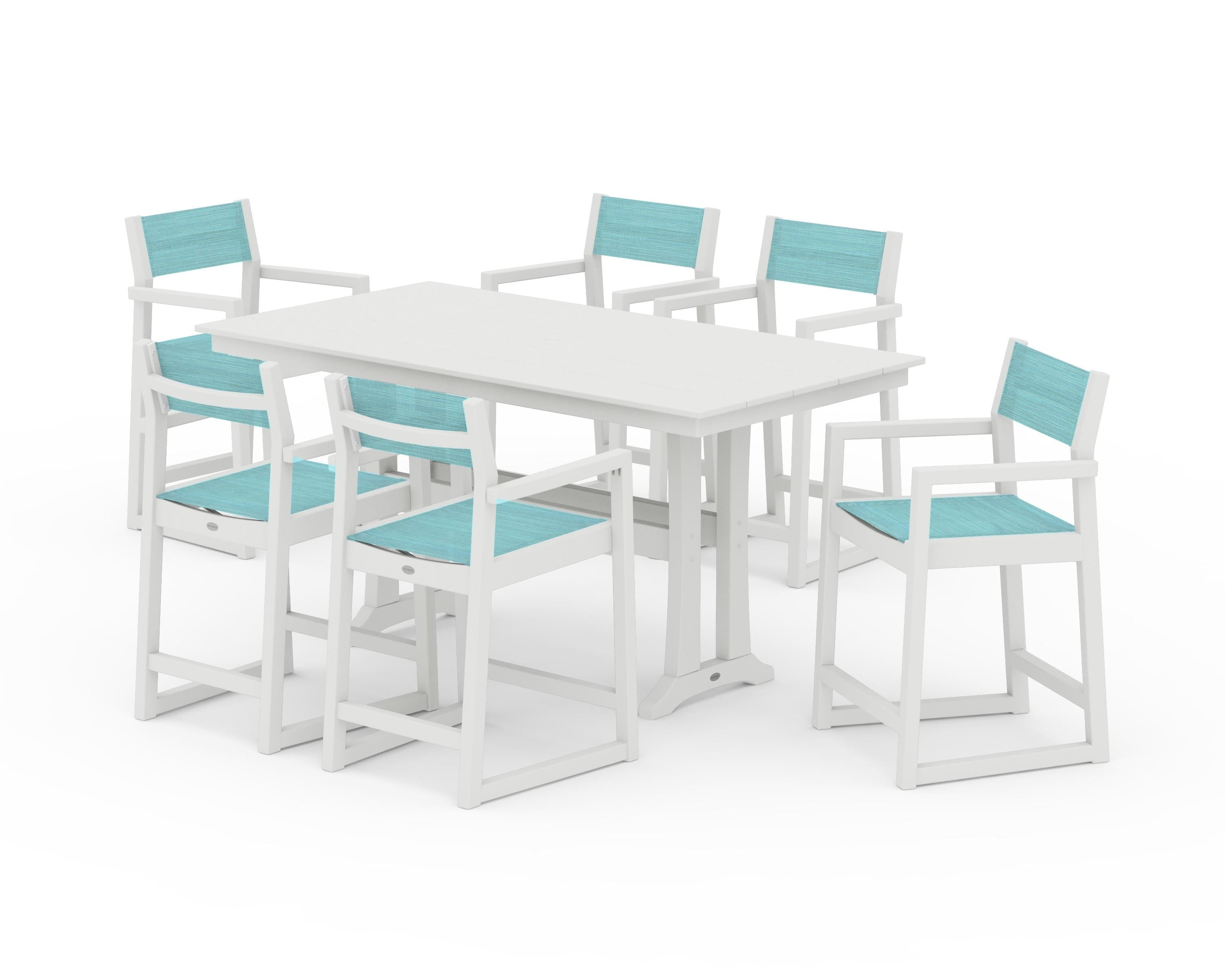 POLYWOOD EDGE Sling Arm Chair 7-Piece Farmhouse Counter Set with Trestle Legs in Vintage White / Dupioni Aquamarine Sling