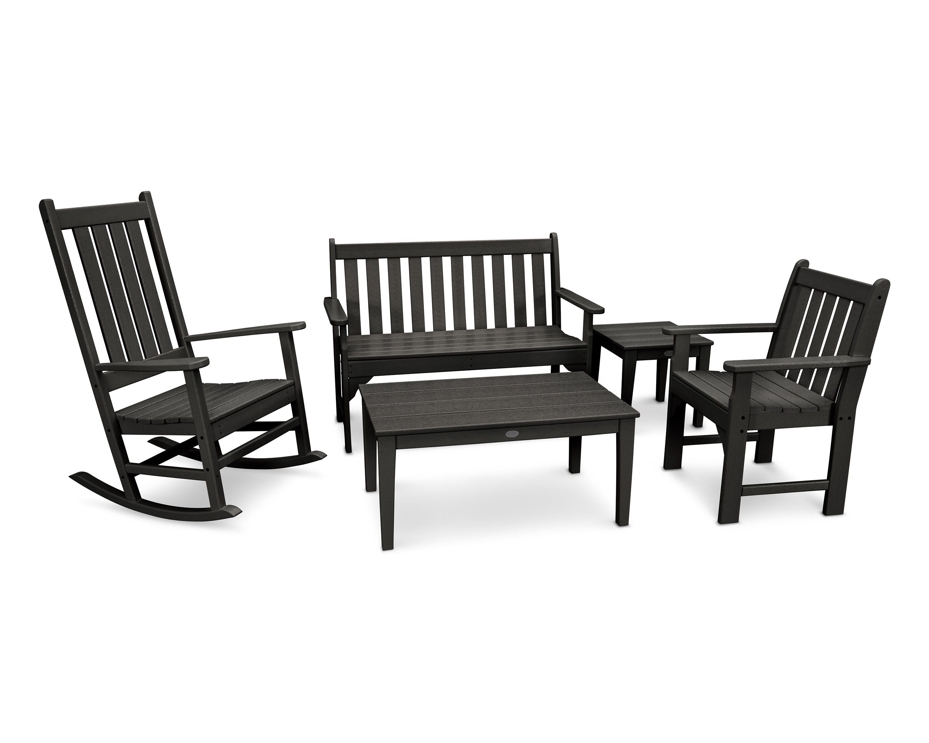POLYWOOD Vineyard 5-Piece Bench & Rocking Chair Set in Black