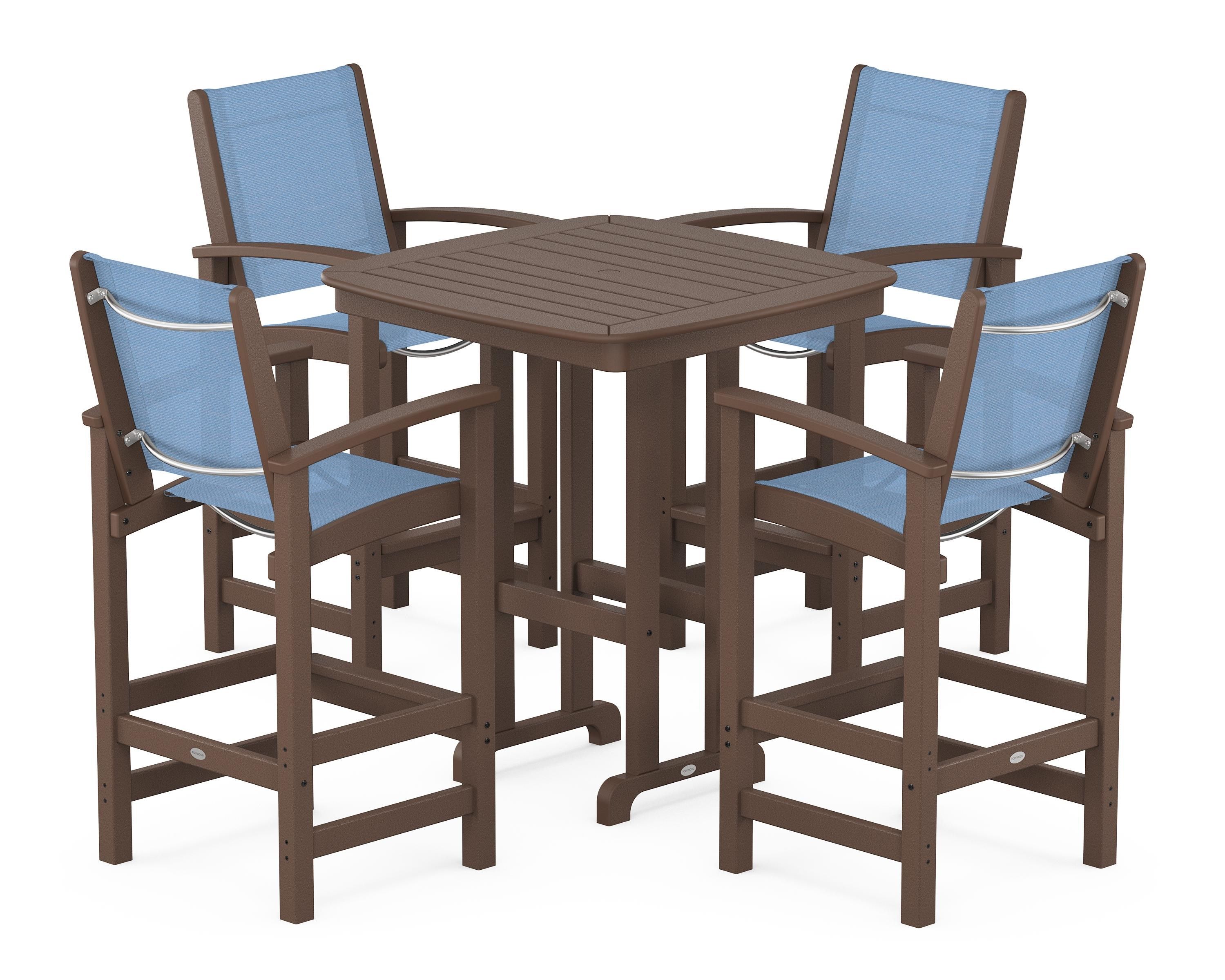 POLYWOOD Coastal 5-Piece Bar Set in Mahogany / Poolside Sling