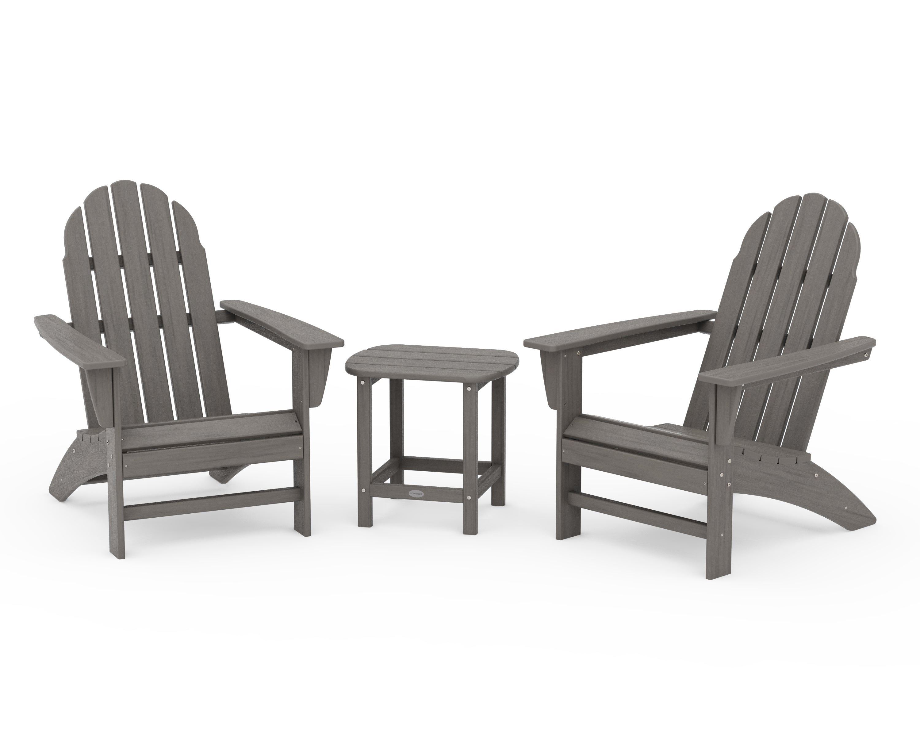 POLYWOOD Vineyard 3-Piece Adirondack Set with South Beach 18" Side Table in Driftwood