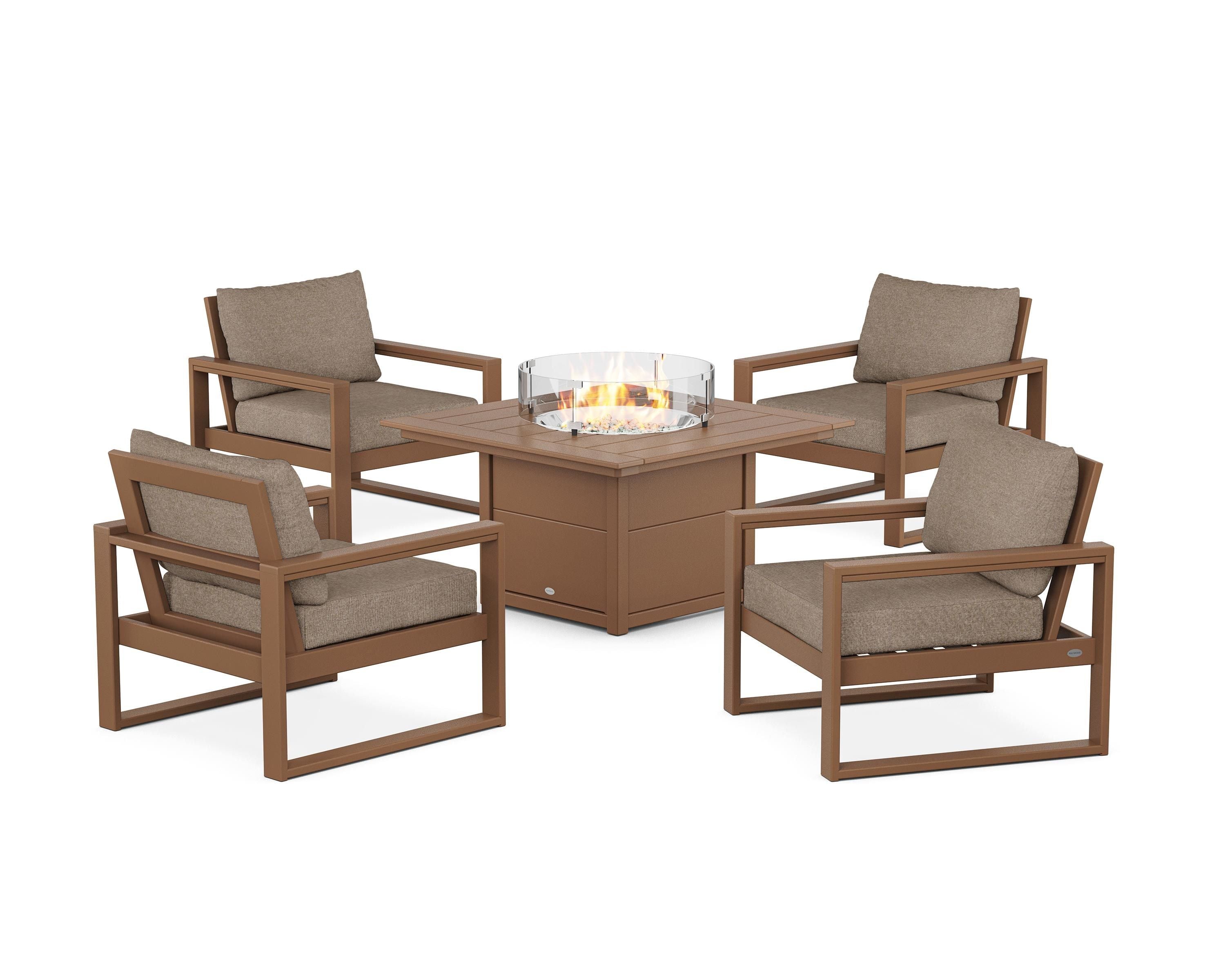 POLYWOOD EDGE Sectional 5-Piece Deep Seating Set with Fire Pit Table in Teak / Spiced Burlap