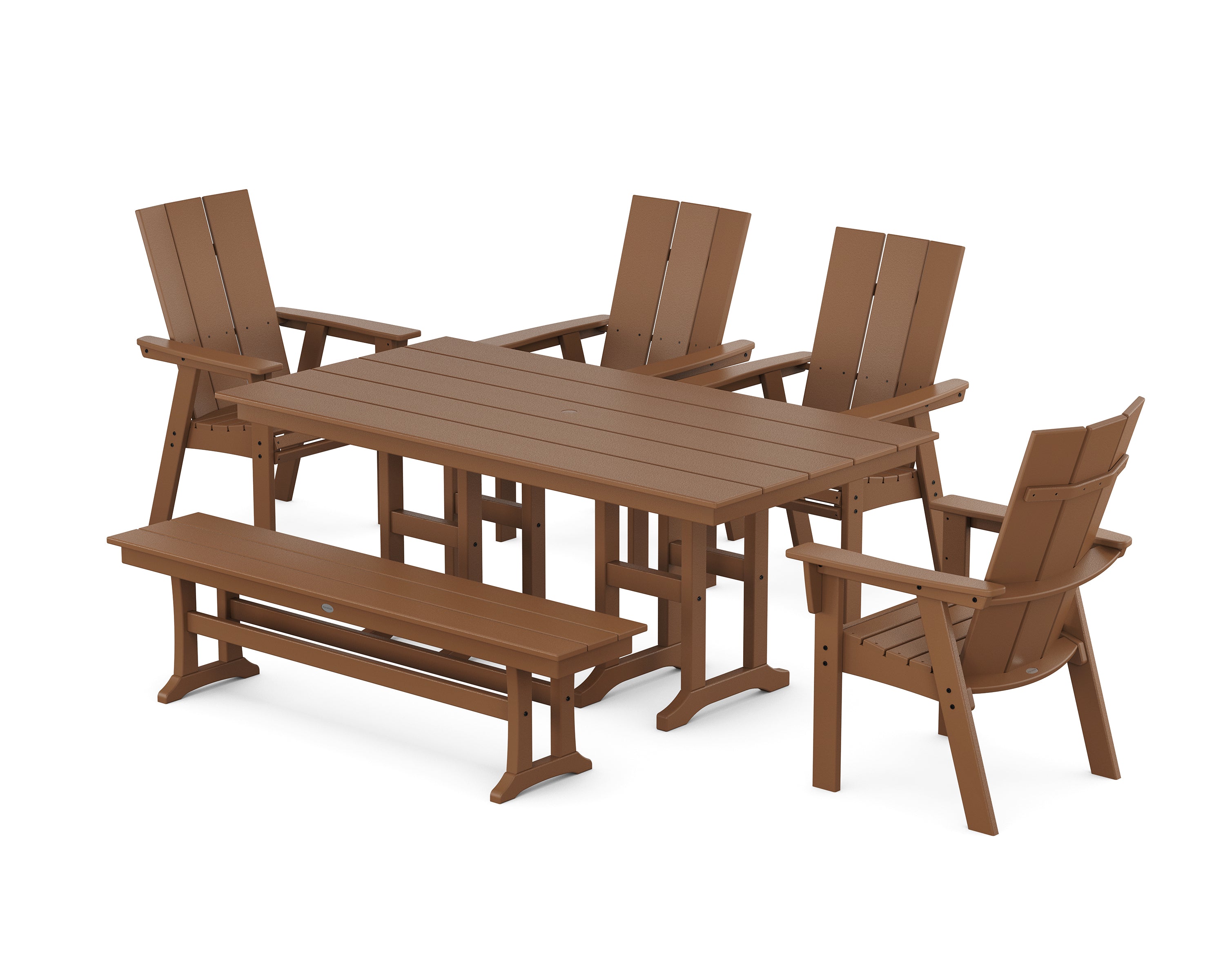 POLYWOOD Modern Curveback Adirondack 6-Piece Farmhouse Dining Set with Bench in Teak