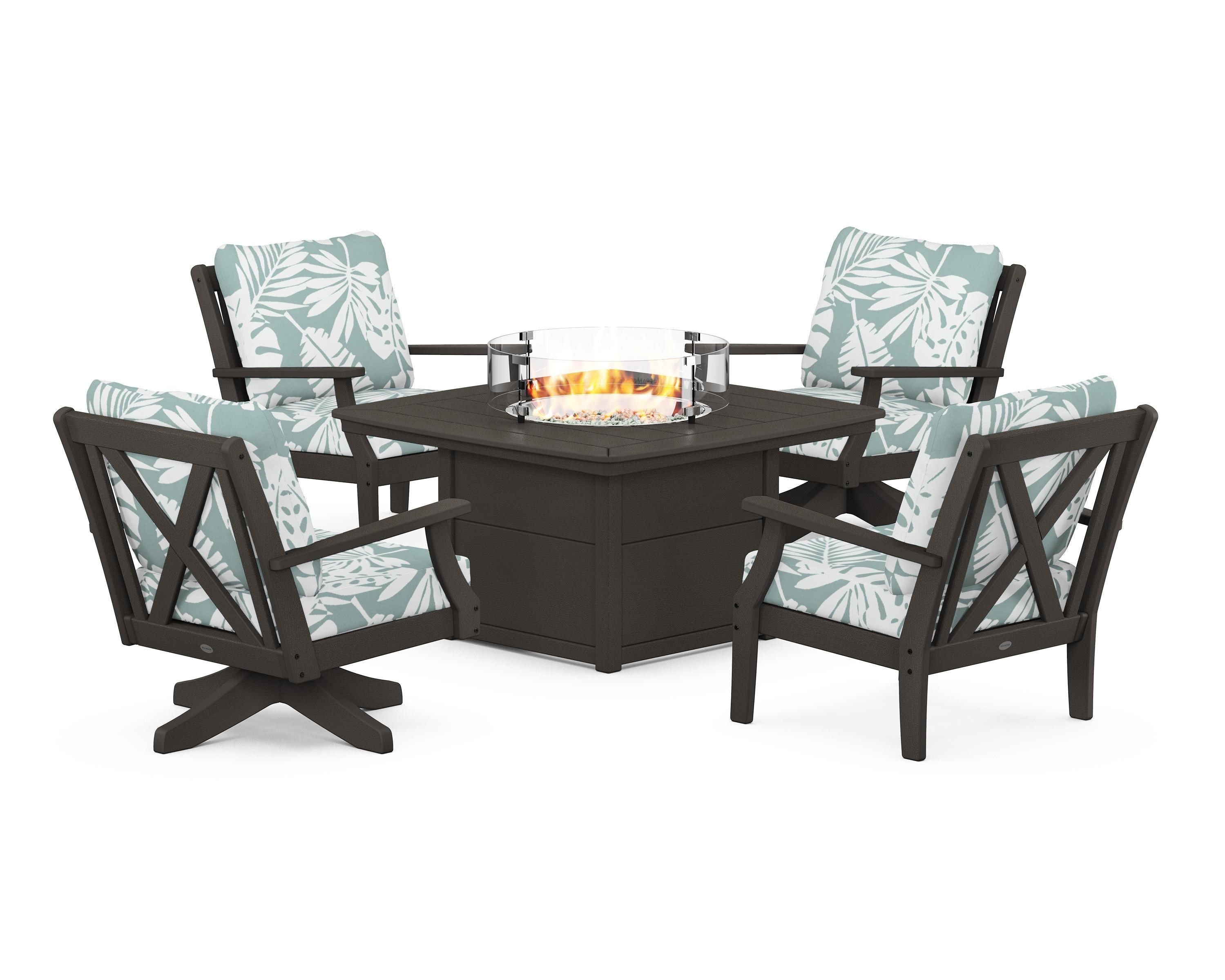 POLYWOOD Braxton 5-Piece Deep Seating Set with Fire Table in Vintage Coffee / Leaf Glacier Spa
