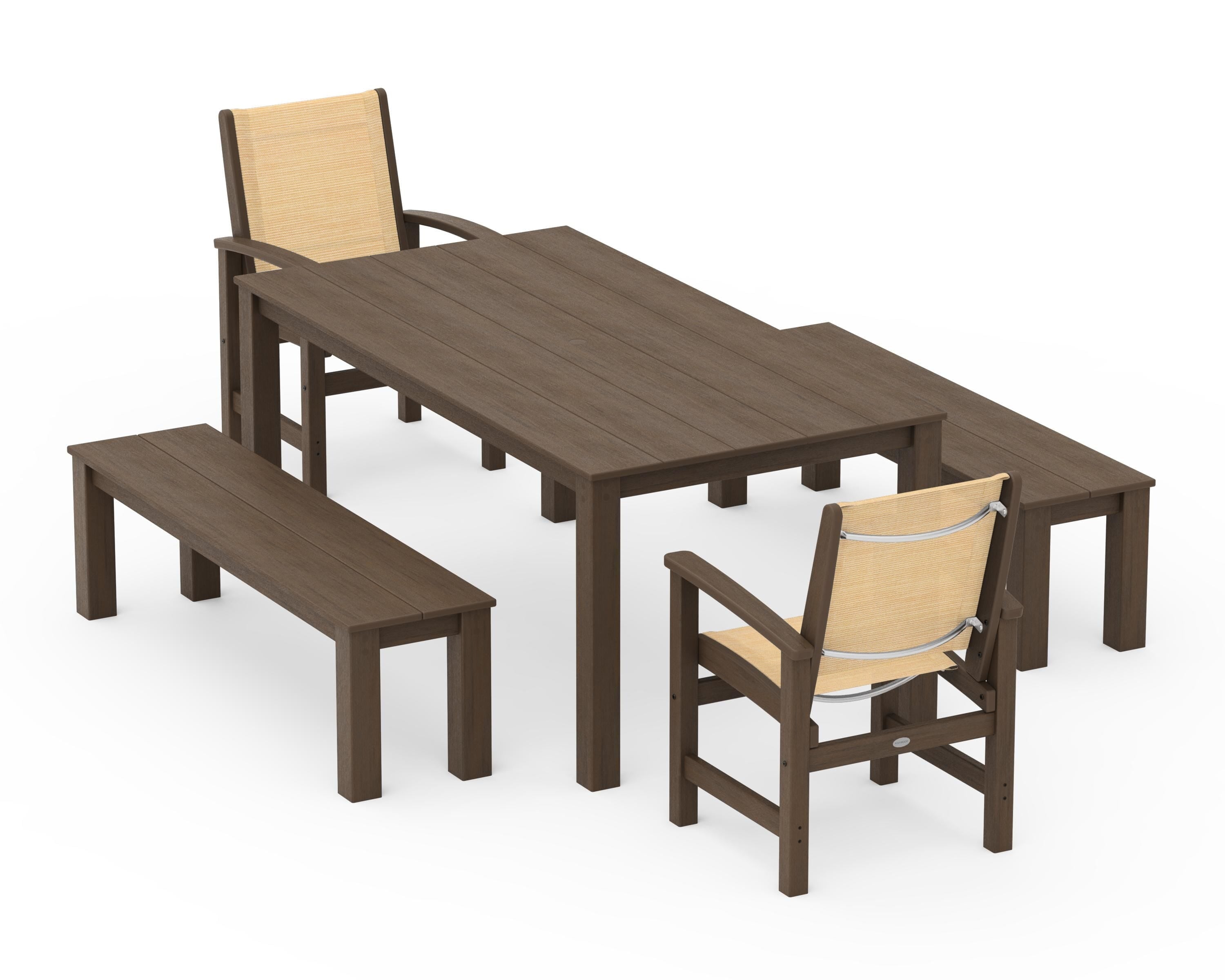 POLYWOOD Coastal 5-Piece Parsons Dining Set with Benches in Kona / Dupioni Apricot Sling