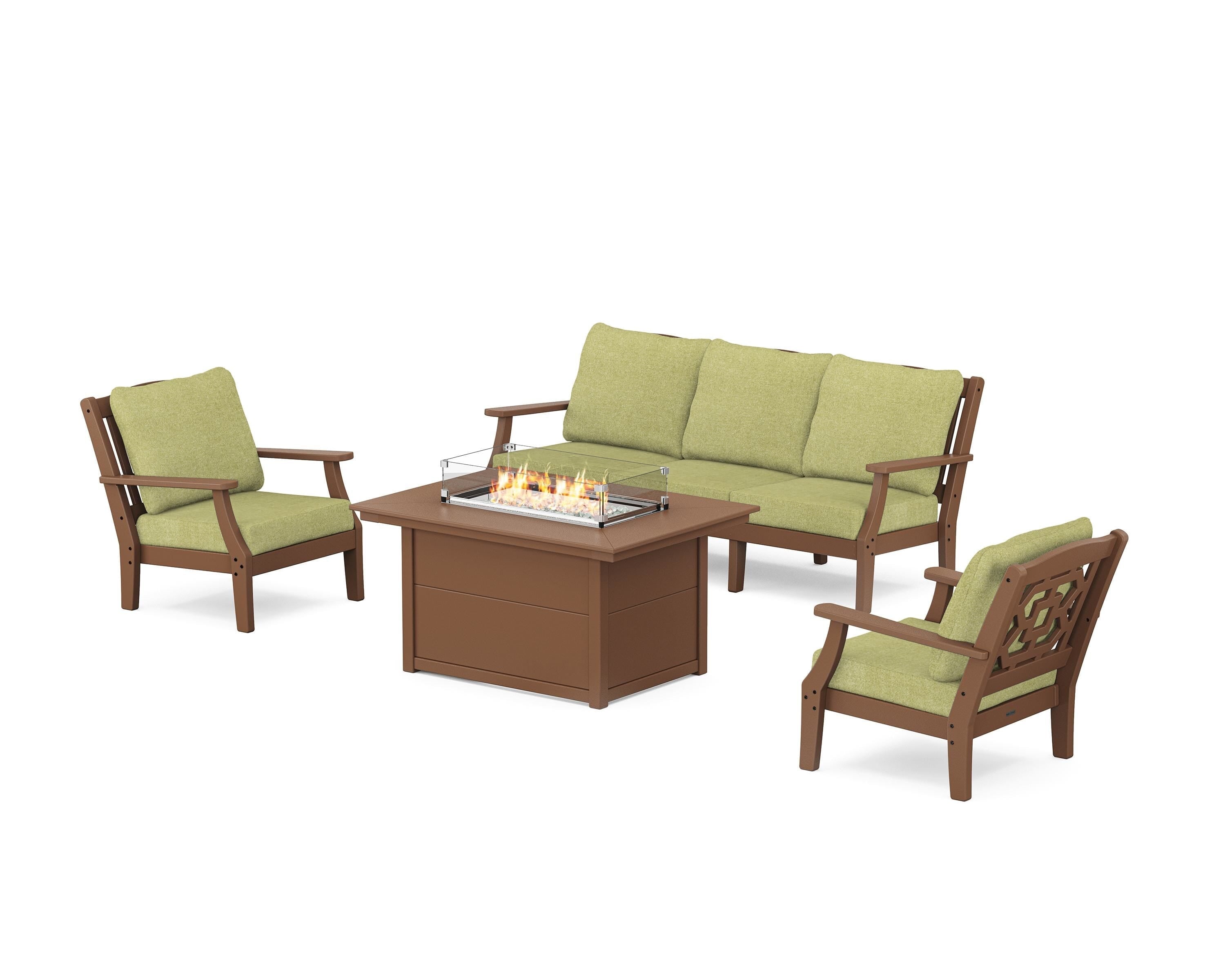 Martha Stewart by POLYWOOD Chinoiserie Deep Seating Fire Pit Table Set in Teak / Chartreuse Boucle