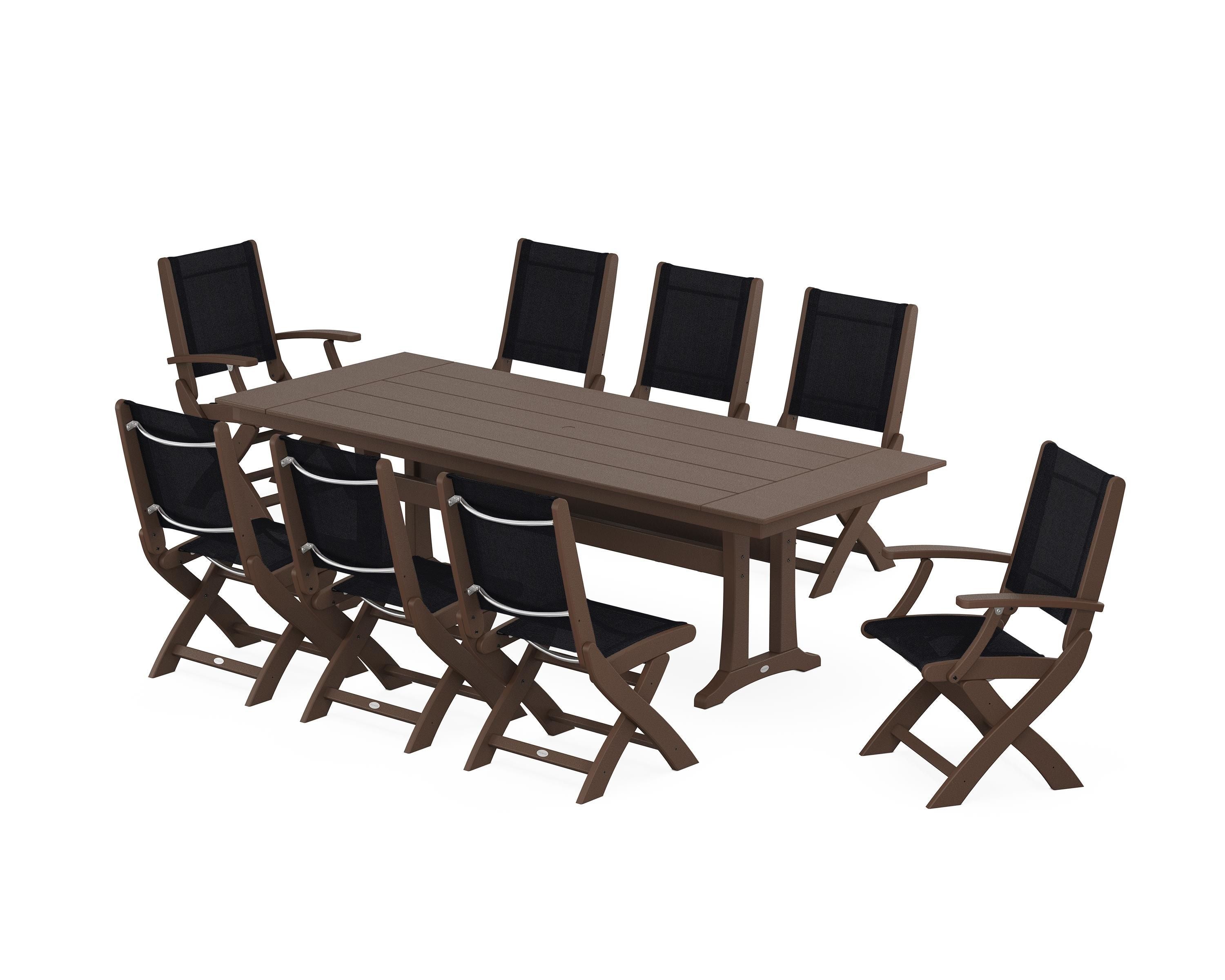 POLYWOOD Coastal 9-Piece Folding Dining Chair Farmhouse Dining Set with Trestle Legs in Mahogany / Black Sling