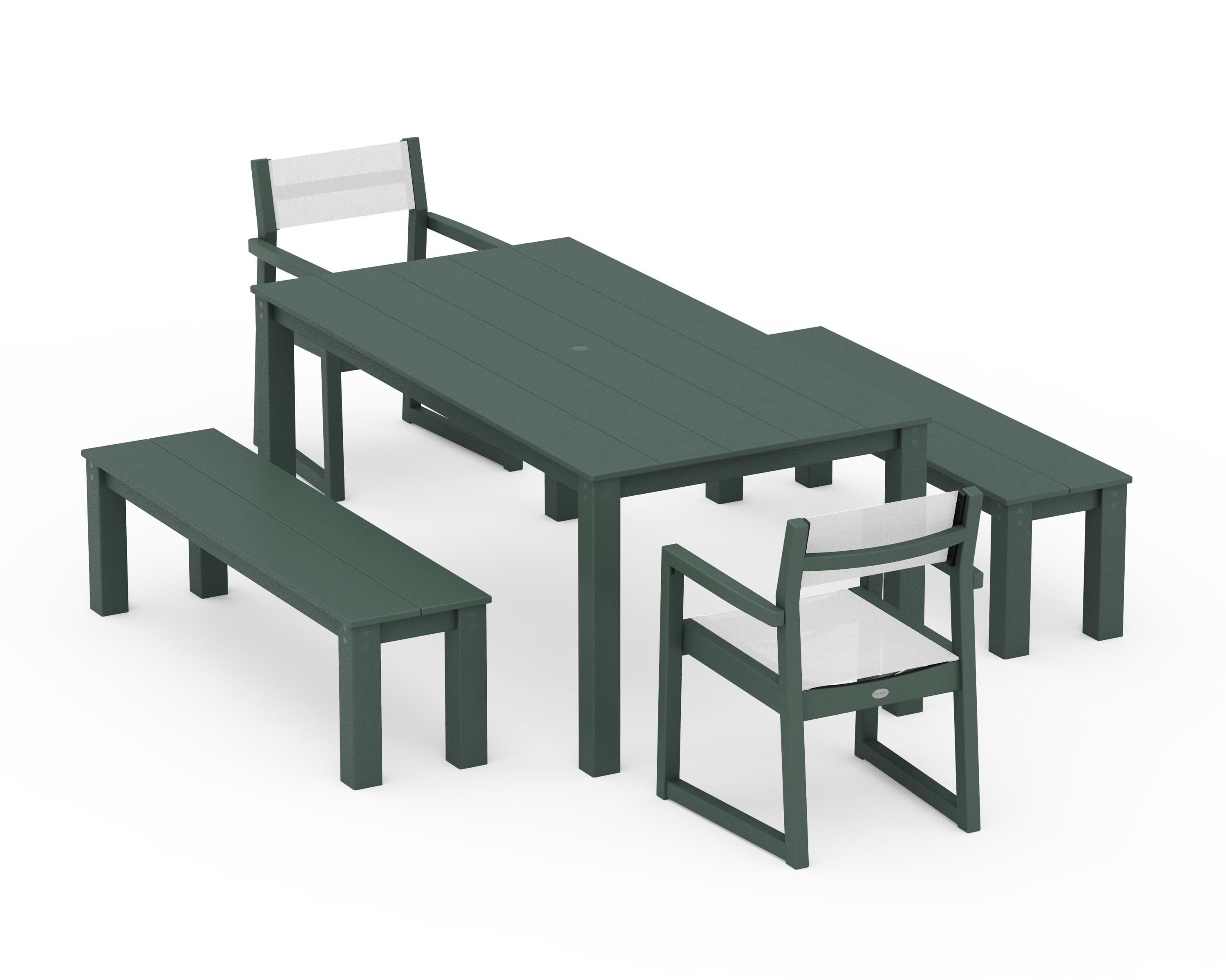 POLYWOOD EDGE Sling Arm Chair 5-Piece Parsons Dining Set with Benches in Green / White Sling