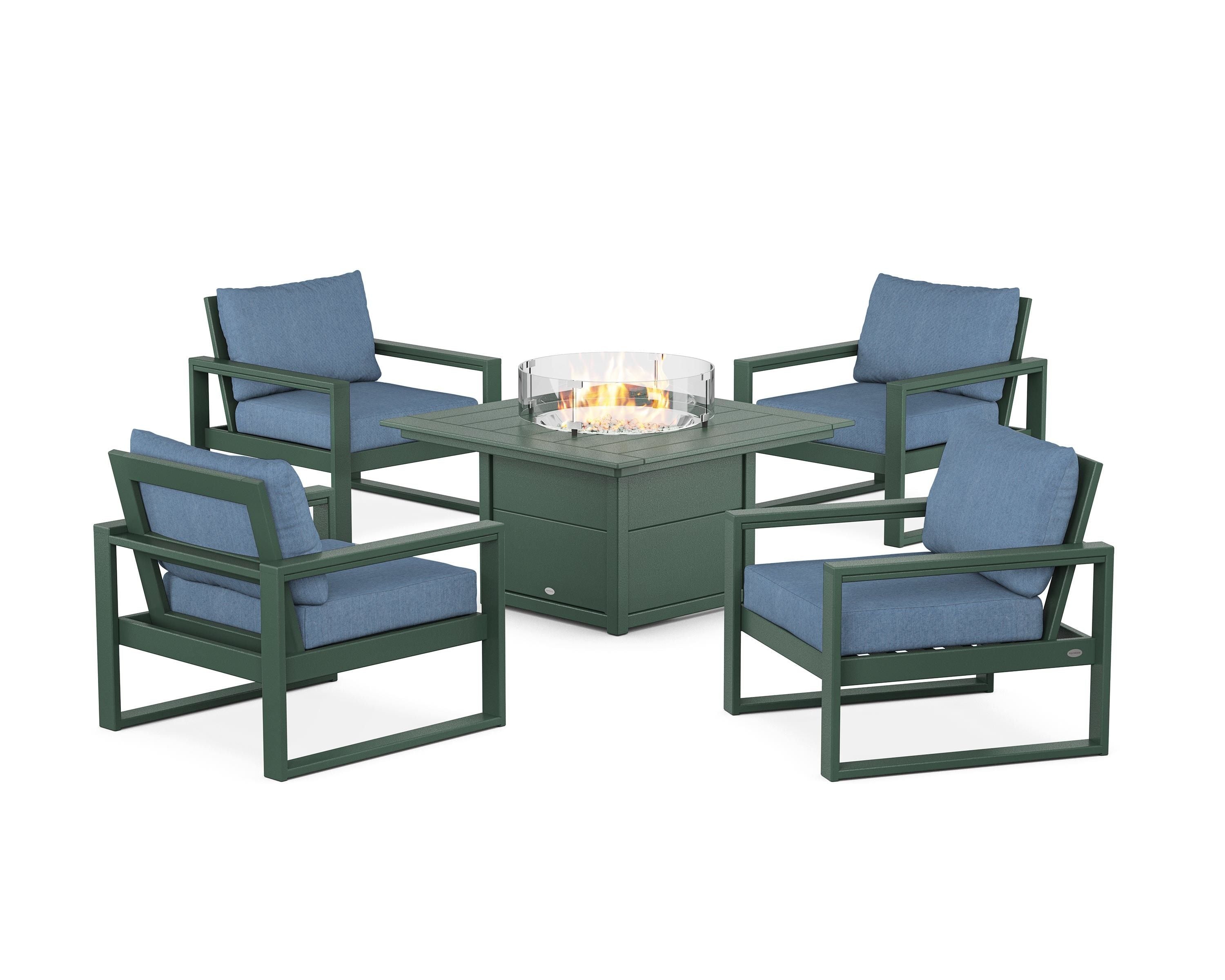 POLYWOOD EDGE Sectional 5-Piece Deep Seating Set with Fire Pit Table in Green / Sky Blue