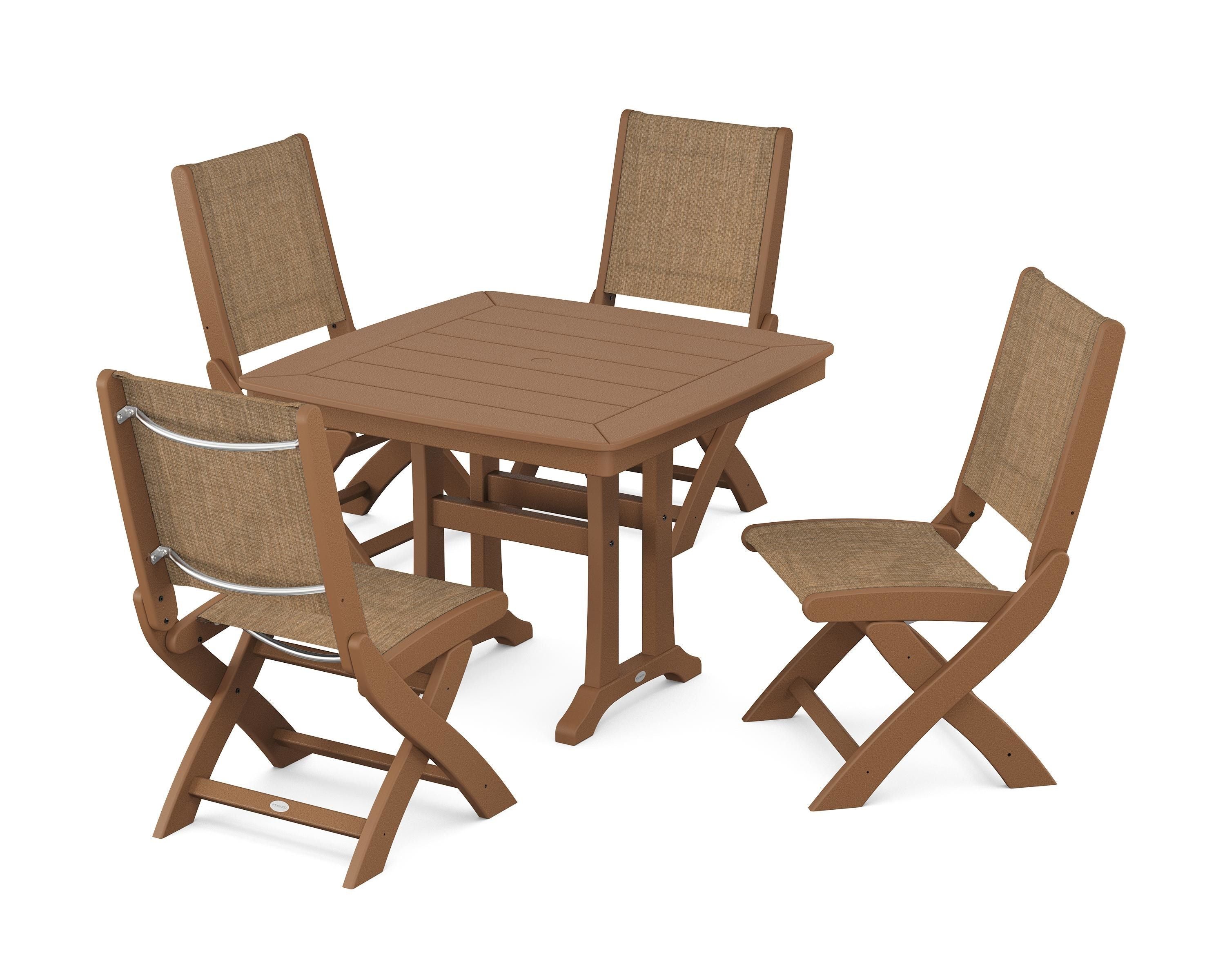 POLYWOOD Coastal Folding Side Chair 5-Piece Dining Set with Trestle Legs in Teak / Burlap Sling