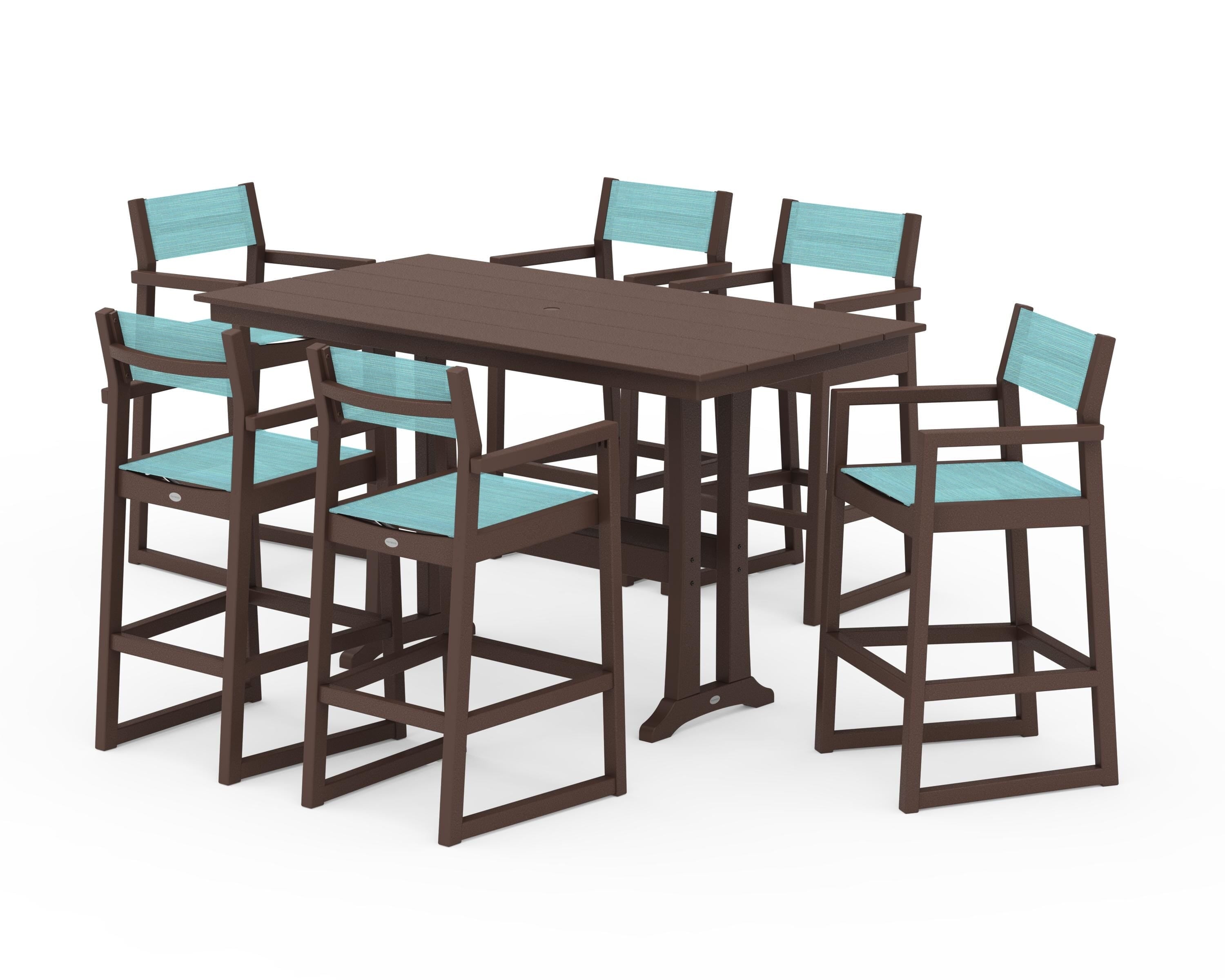 POLYWOOD EDGE Sling Arm Chair 7-Piece Farmhouse Bar Set with Trestle Legs in Mahogany / Dupioni Aquamarine Sling