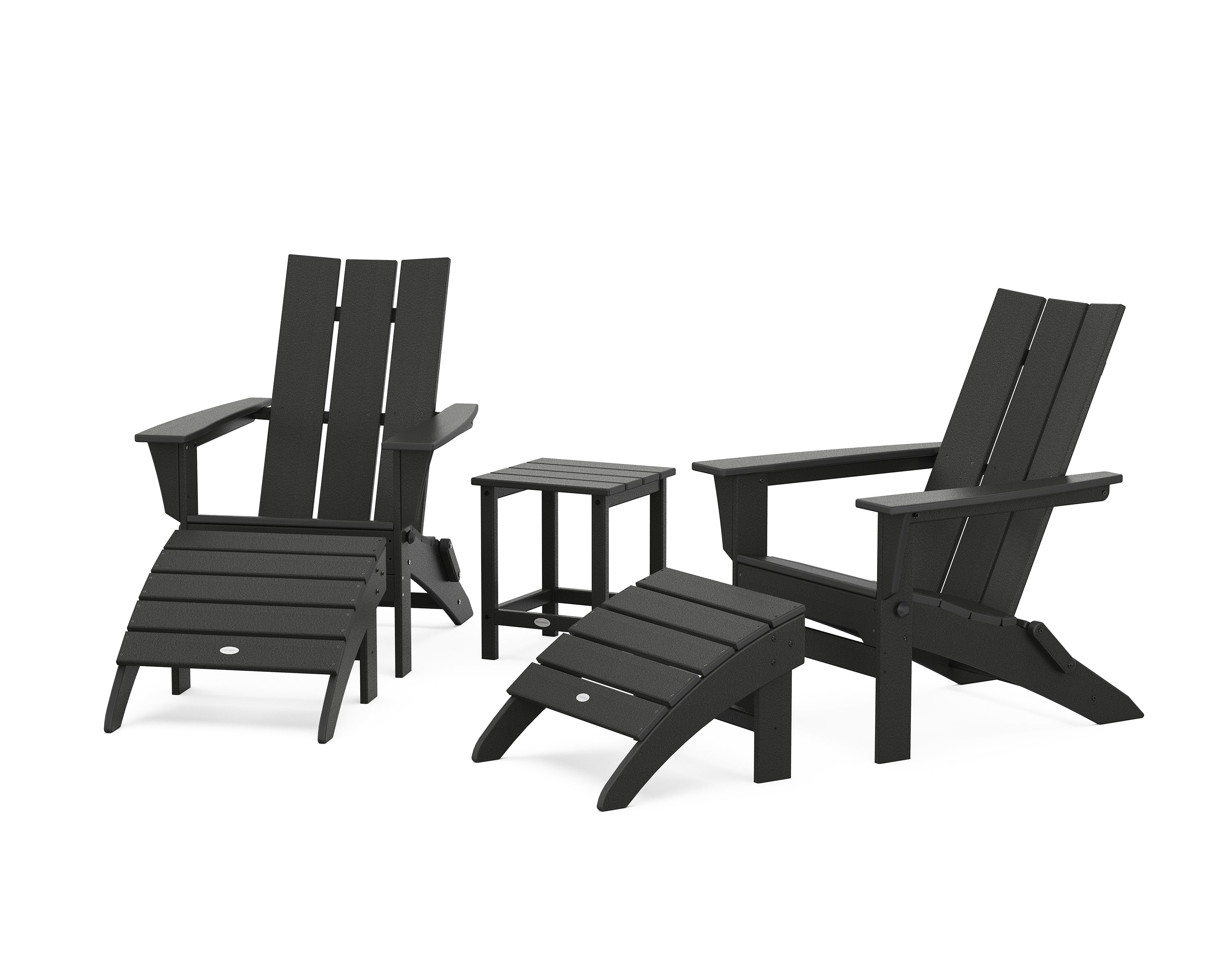 POLYWOOD® Modern Folding Adirondack Chair 5-Piece Set with Ottomans and 18" Side Table in Black