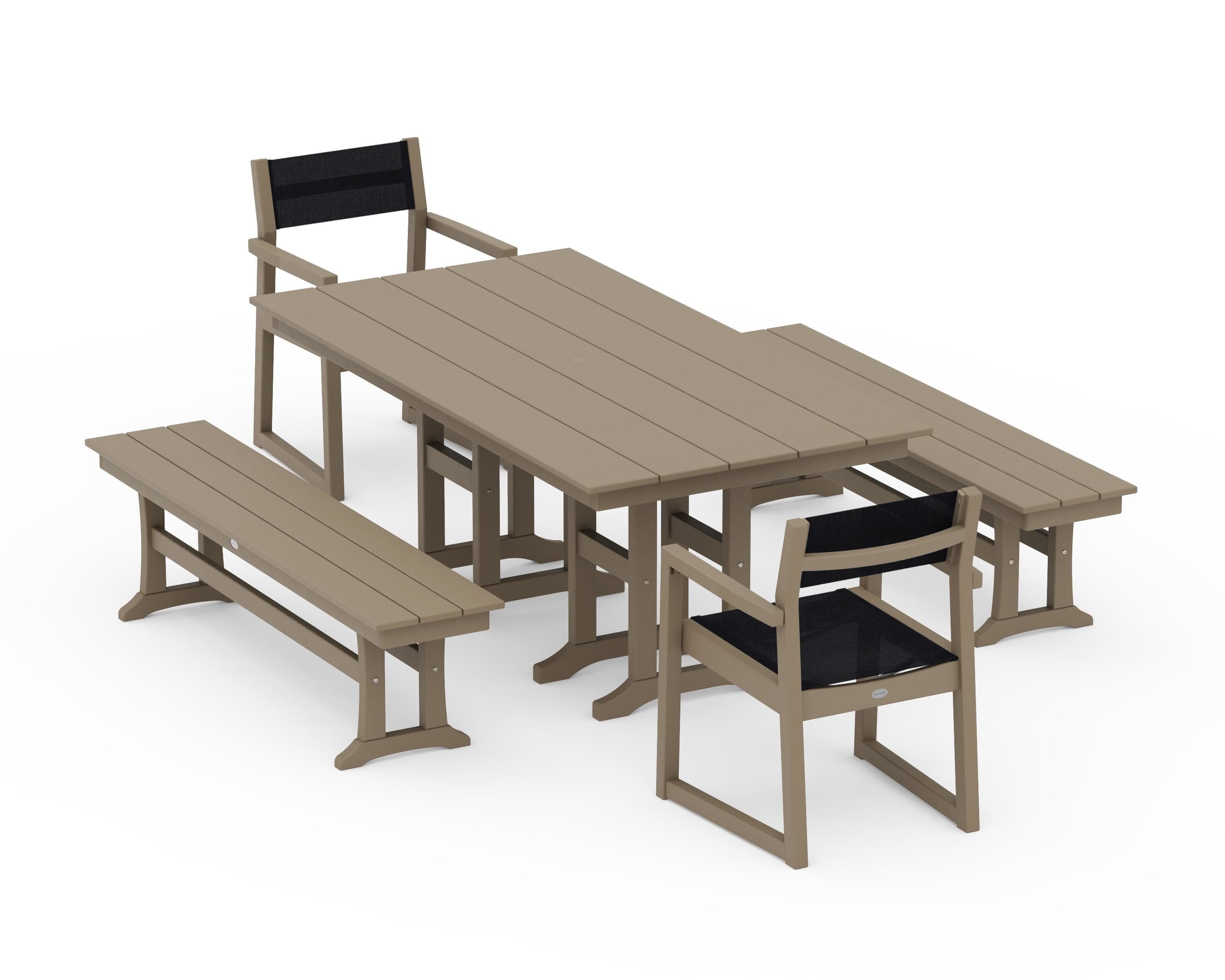 POLYWOOD EDGE Sling Arm Chair 5-Piece Farmhouse Dining Set with Benches in Vintage Sahara / Black Sling