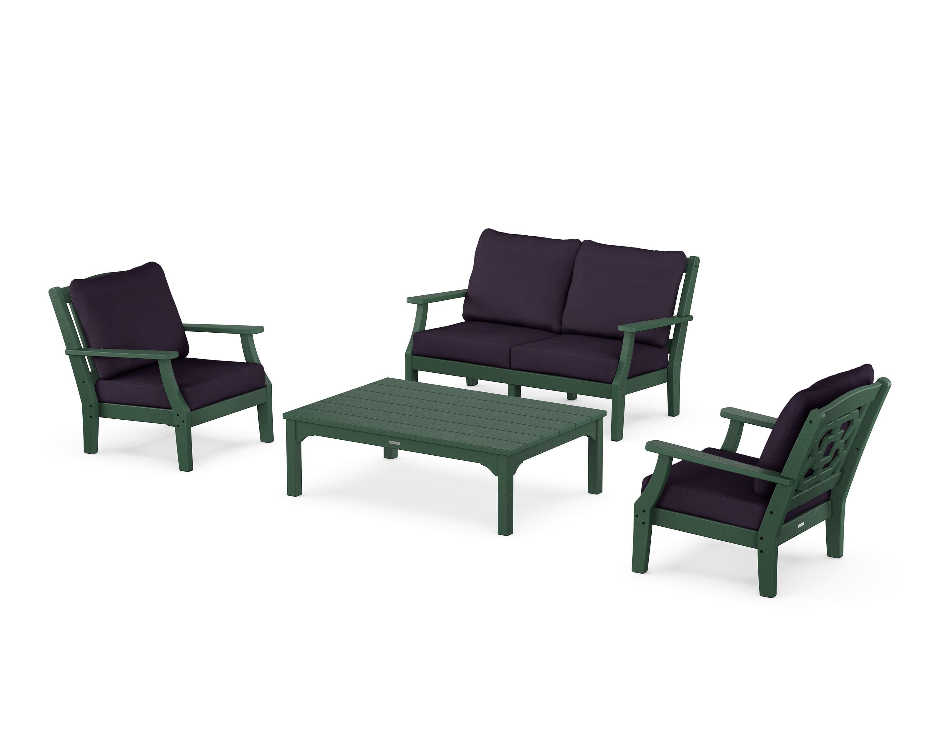Martha Stewart by POLYWOOD Chinoiserie 4-Piece Deep Seating Set with Loveseat in Green / Navy Linen