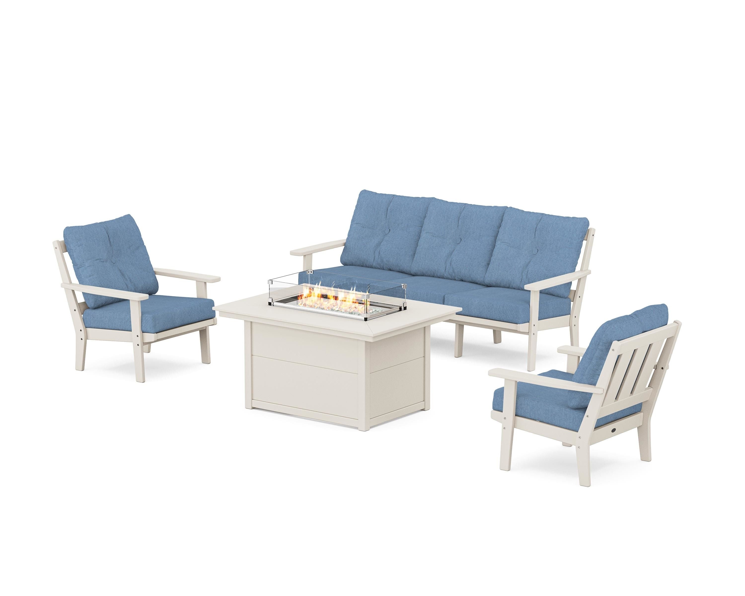 POLYWOOD Oxford Deep Seating Fire Pit Table Set in Sand / Sky Blue