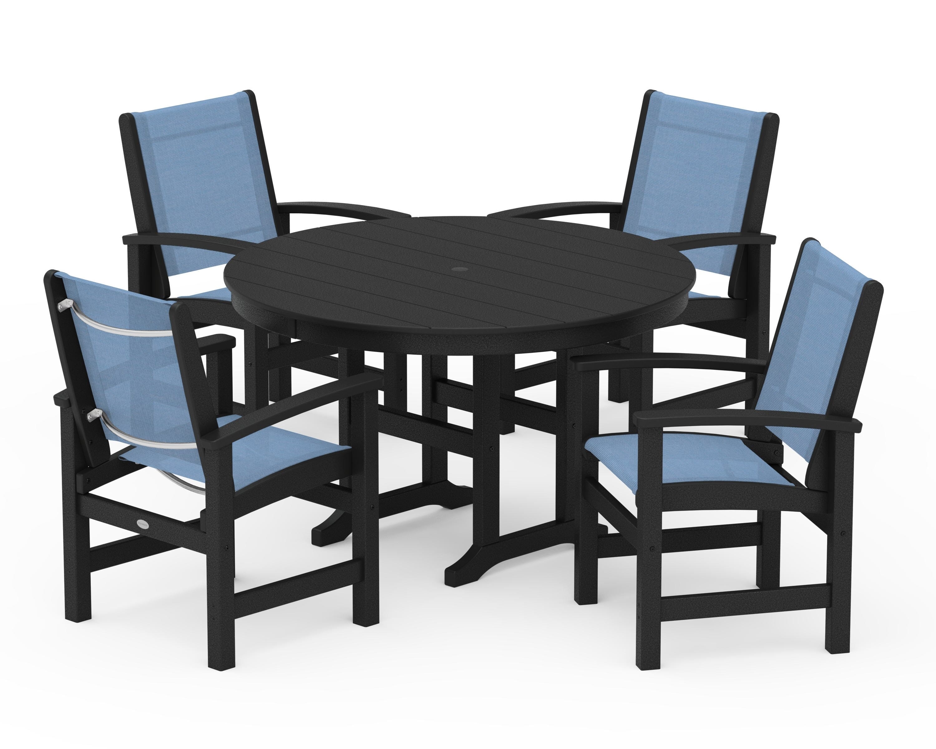 POLYWOOD Coastal 5-Piece Round Farmhouse Dining Set in Black / Poolside Sling
